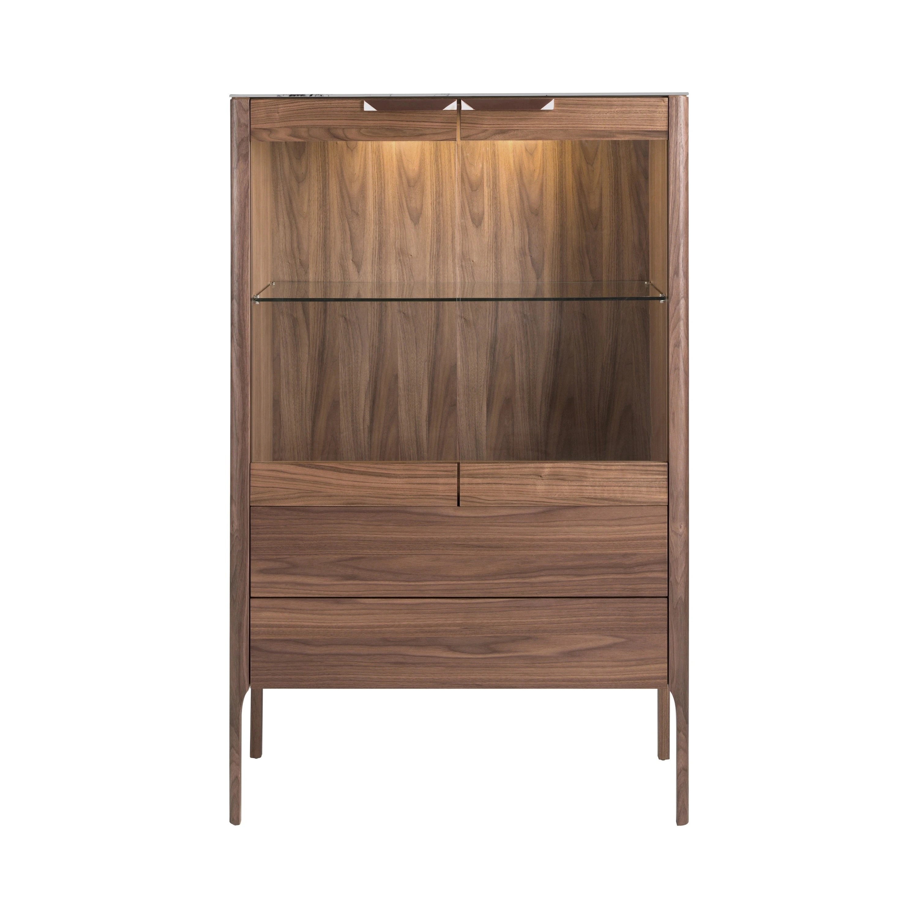 Buffet haut en noyer avec plateau en verre imitation marbre et éclairage intérieur