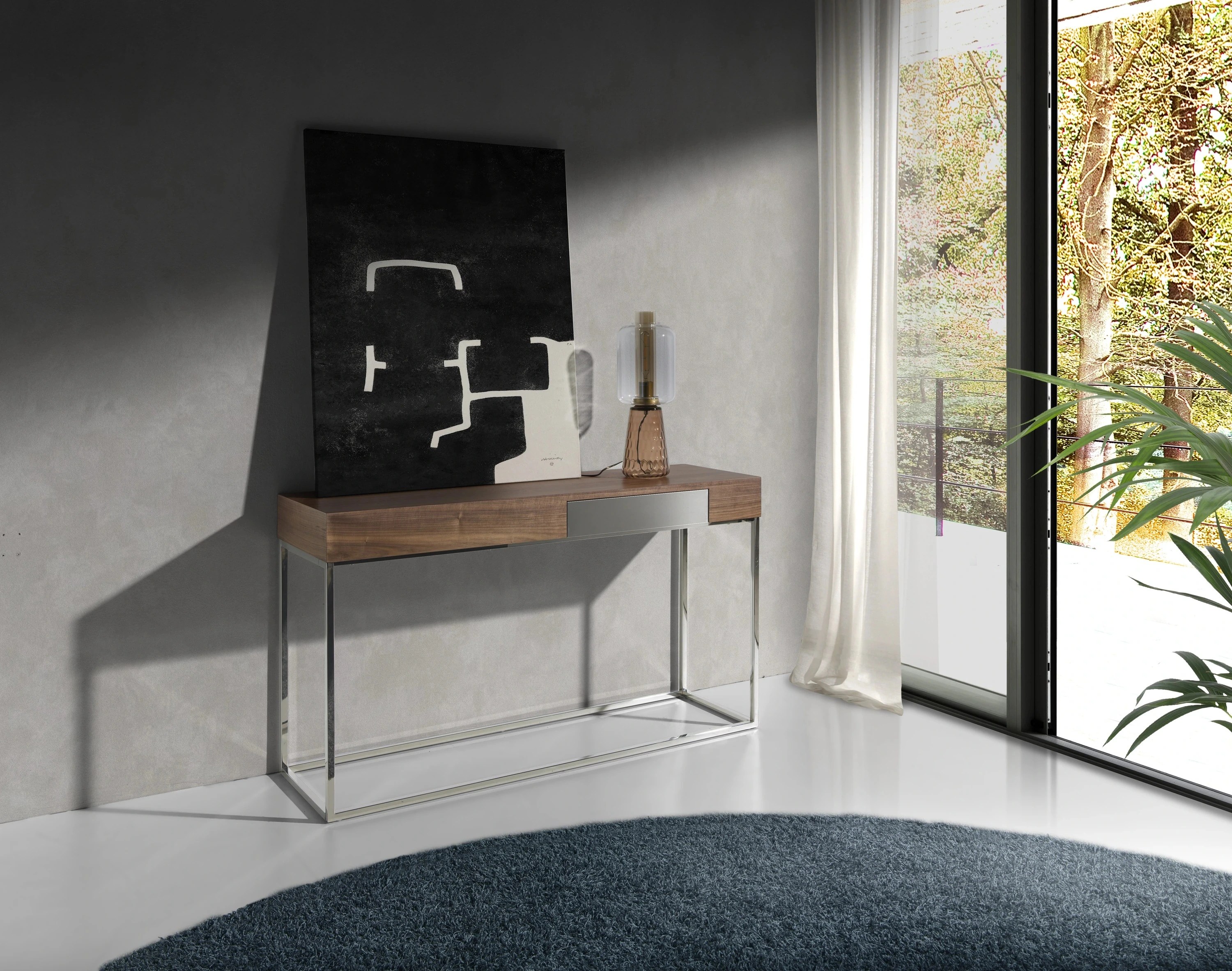 Console rectangulaire en noyer et acier chromé