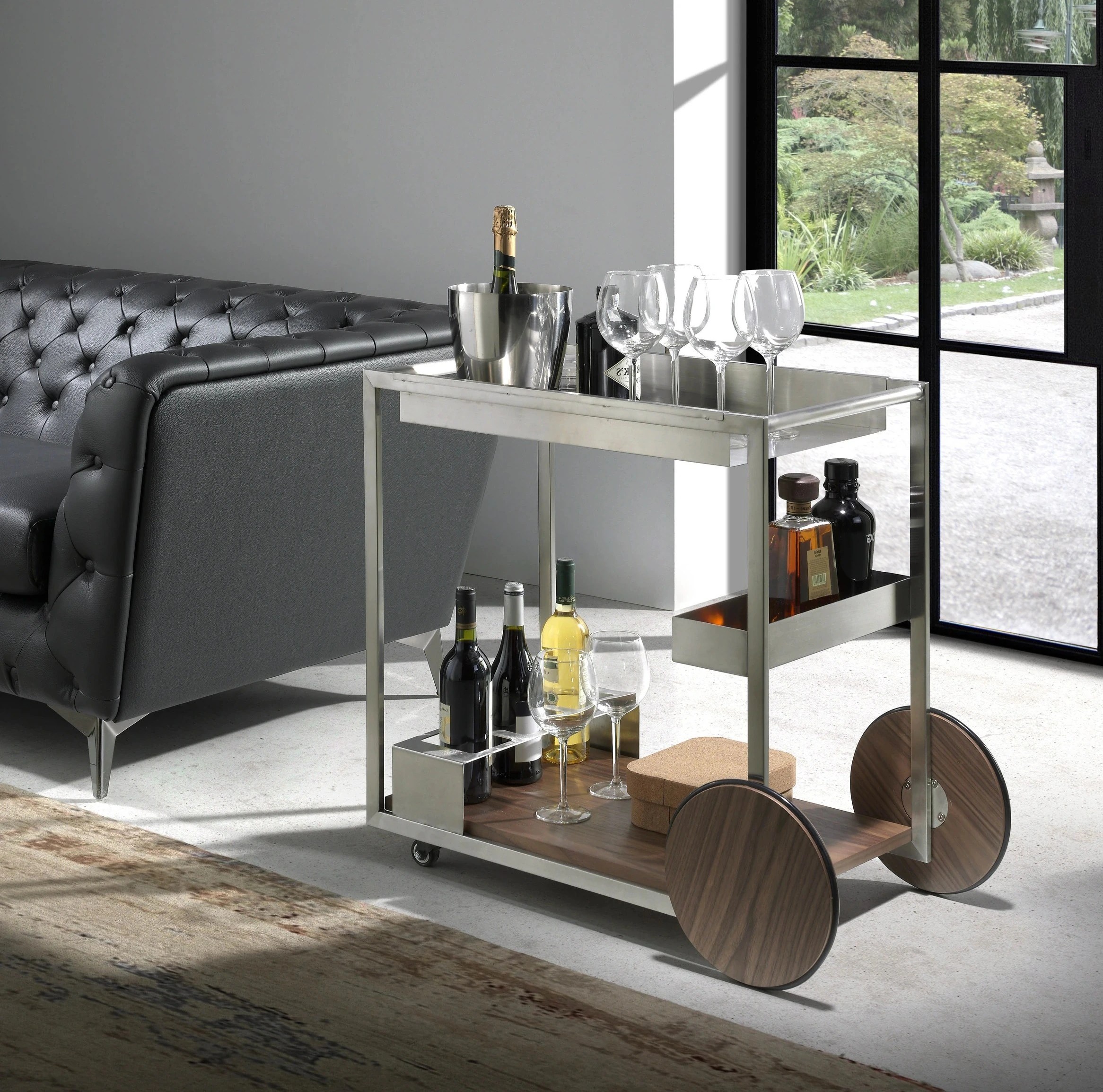 Chariot minibar en acier et noyer