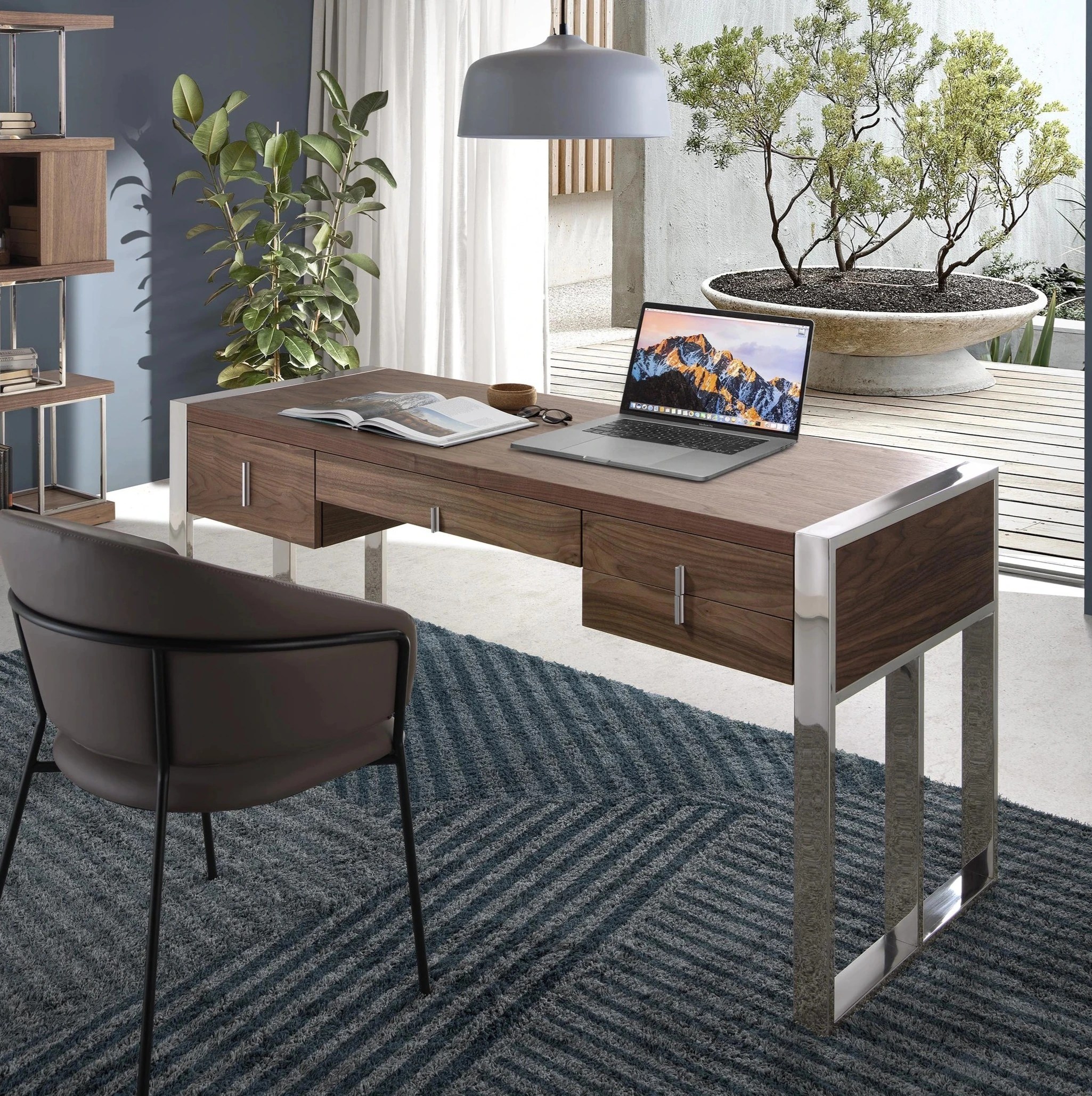 Bureau en noyer et acier chromé