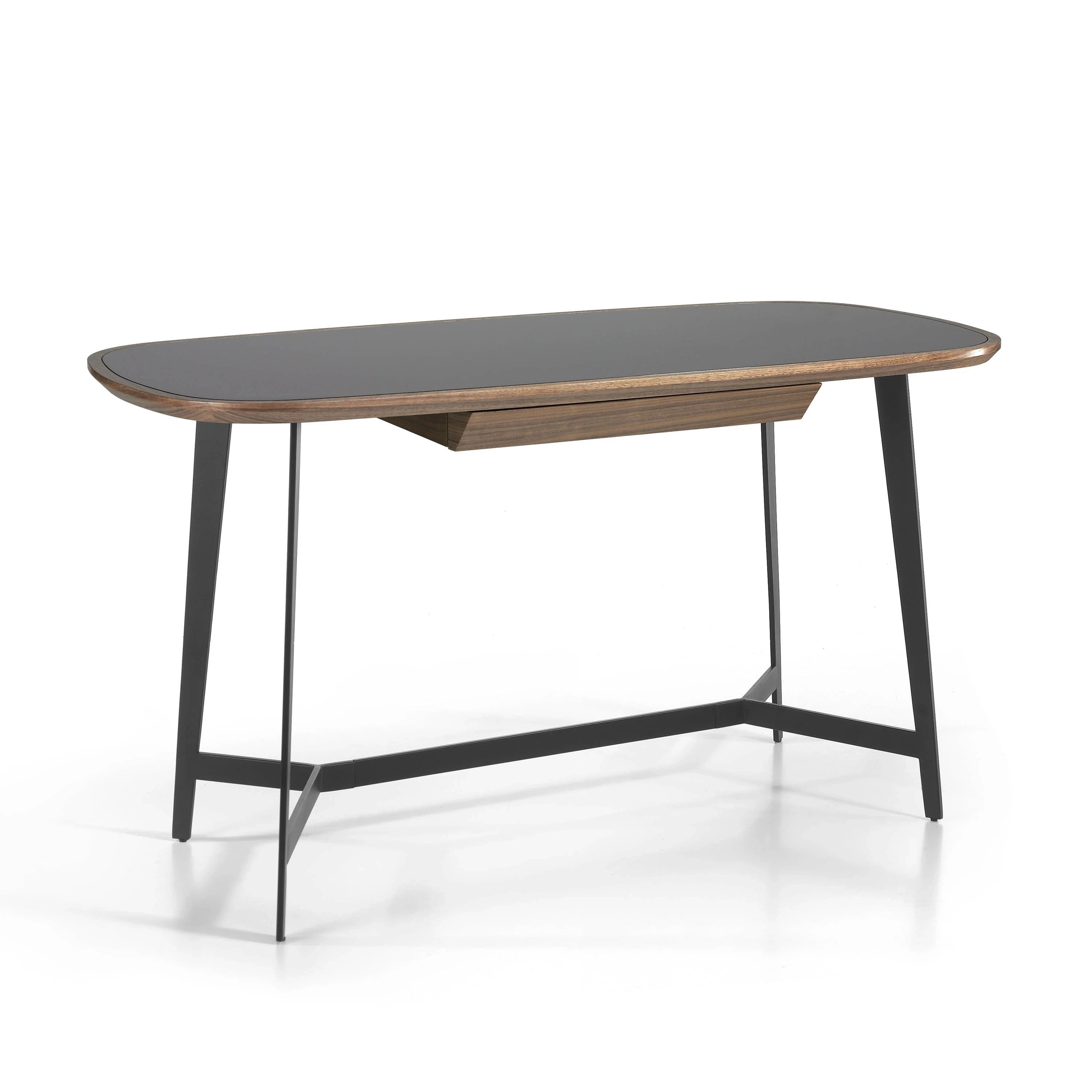 Bureau en noyer et acier noir avec plateau en verre noir