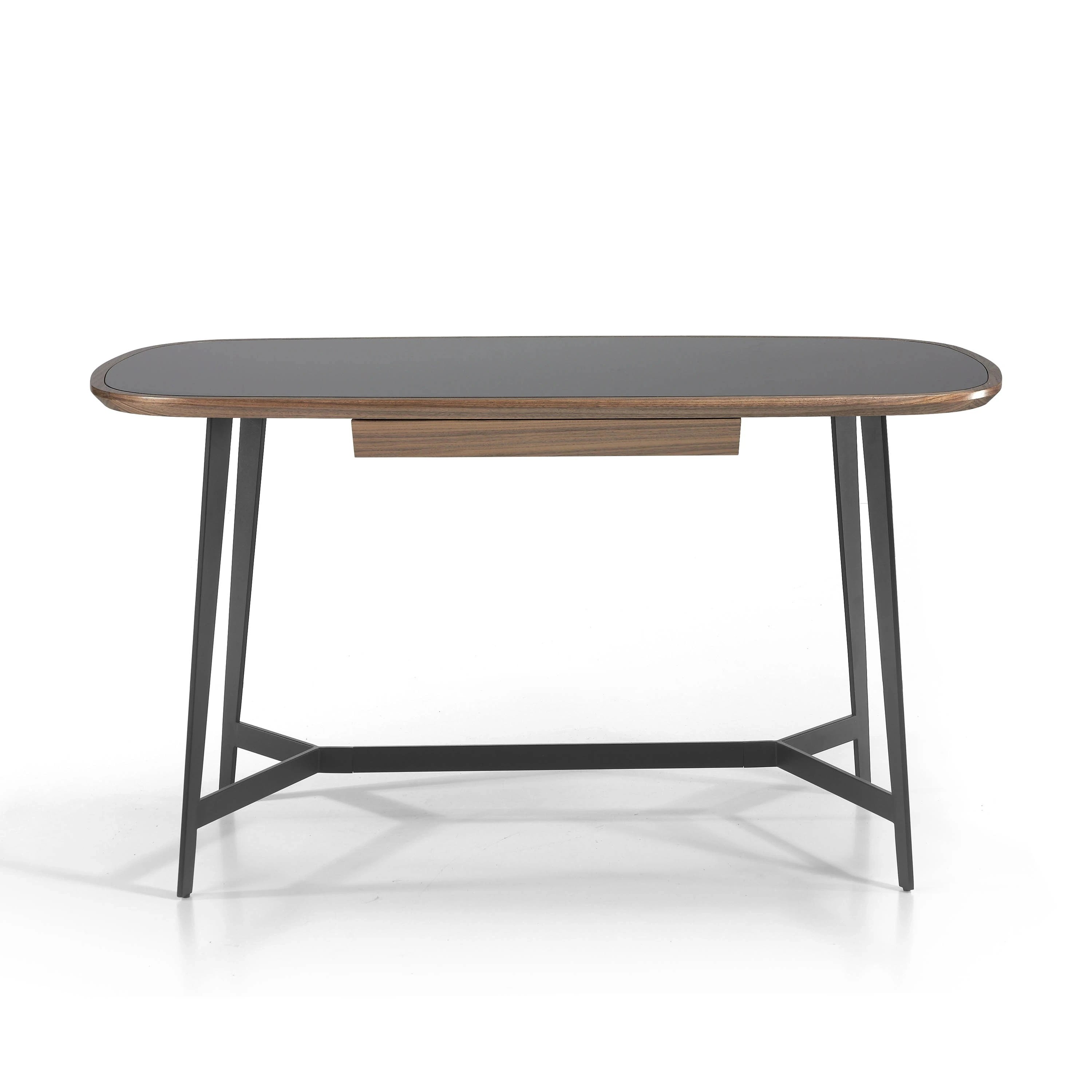 Bureau en noyer et acier noir avec plateau en verre noir