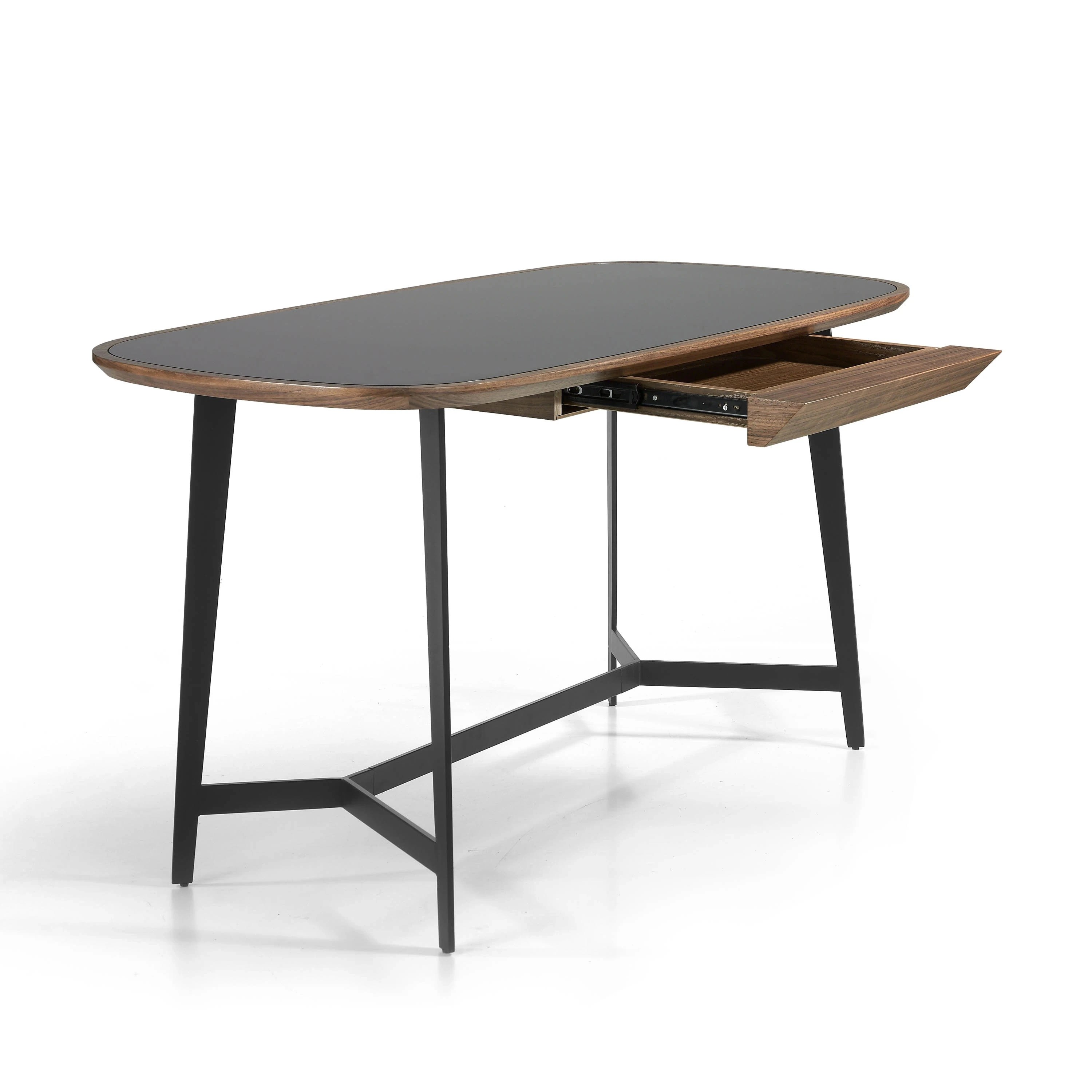 Bureau en noyer et acier noir avec plateau en verre noir