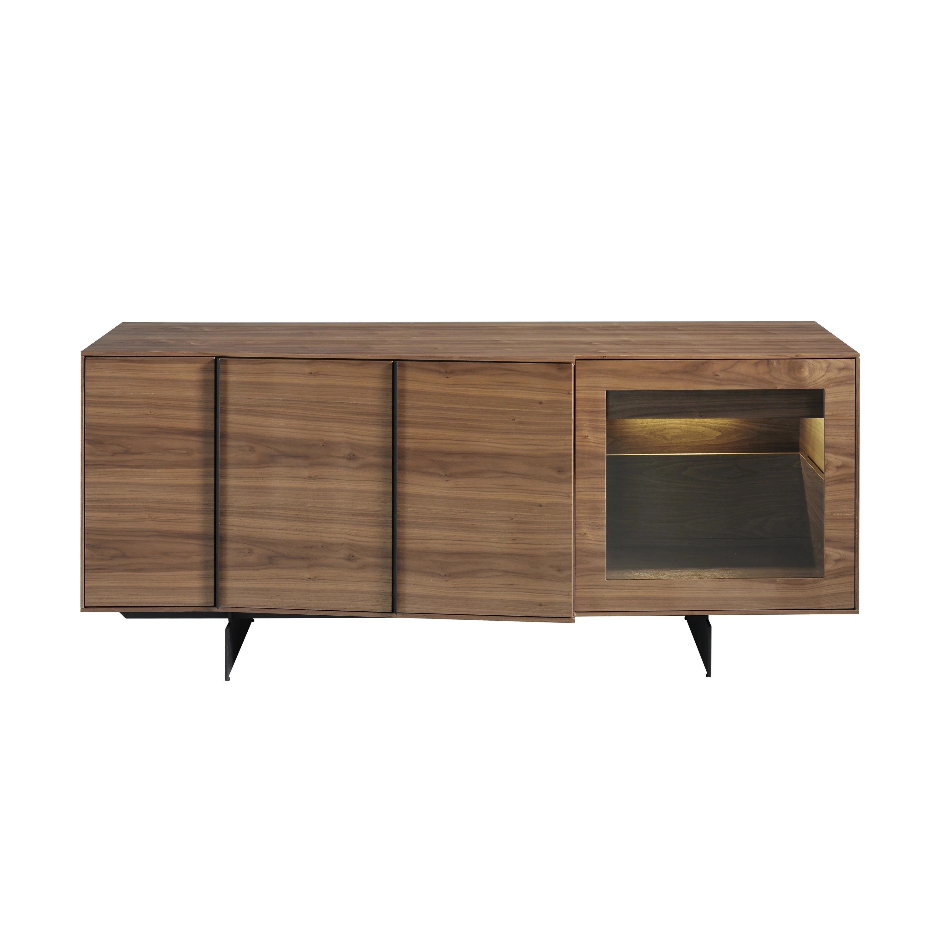 Buffet en noyer et acier noir avec éclairage intérieur