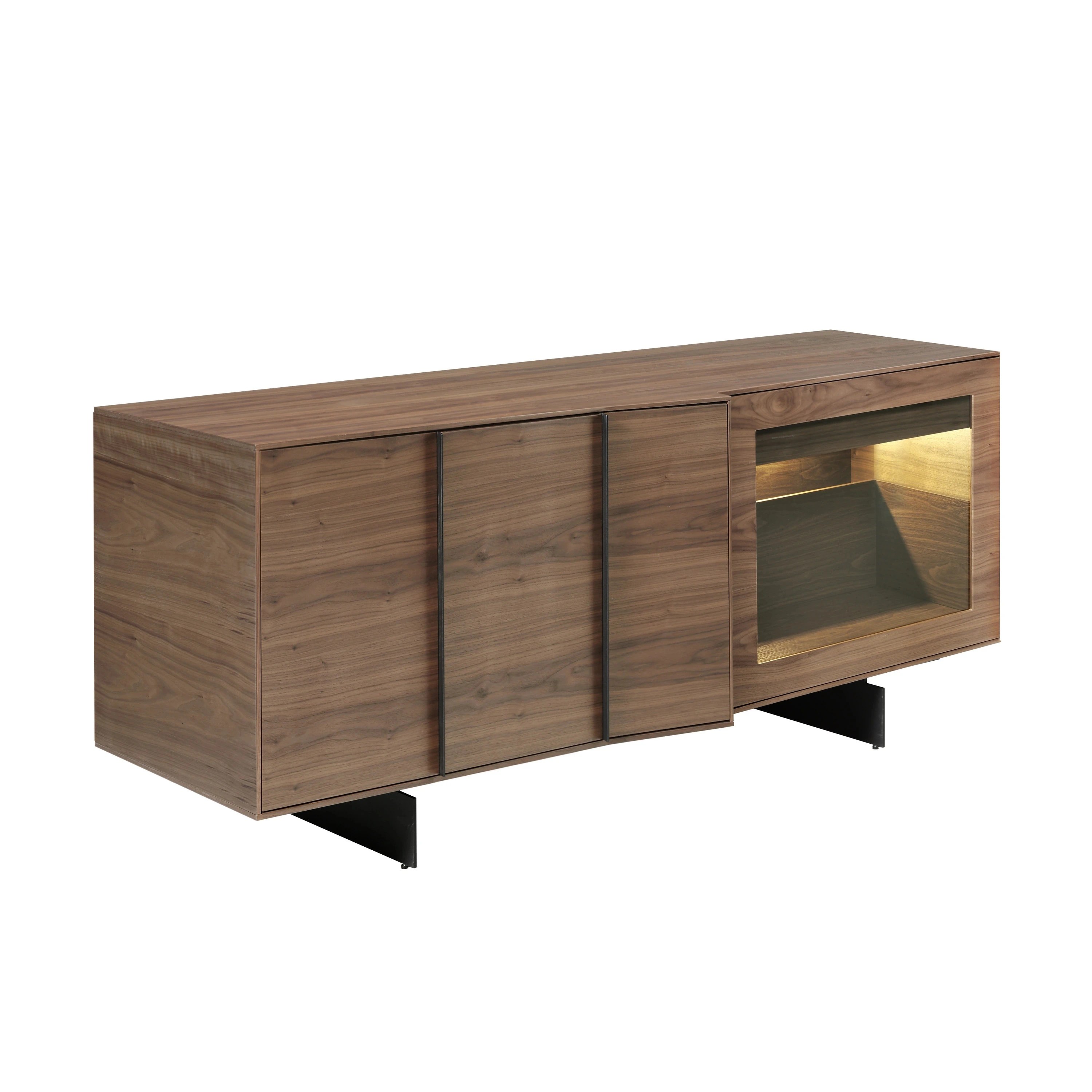 Buffet en noyer et acier noir avec éclairage intérieur