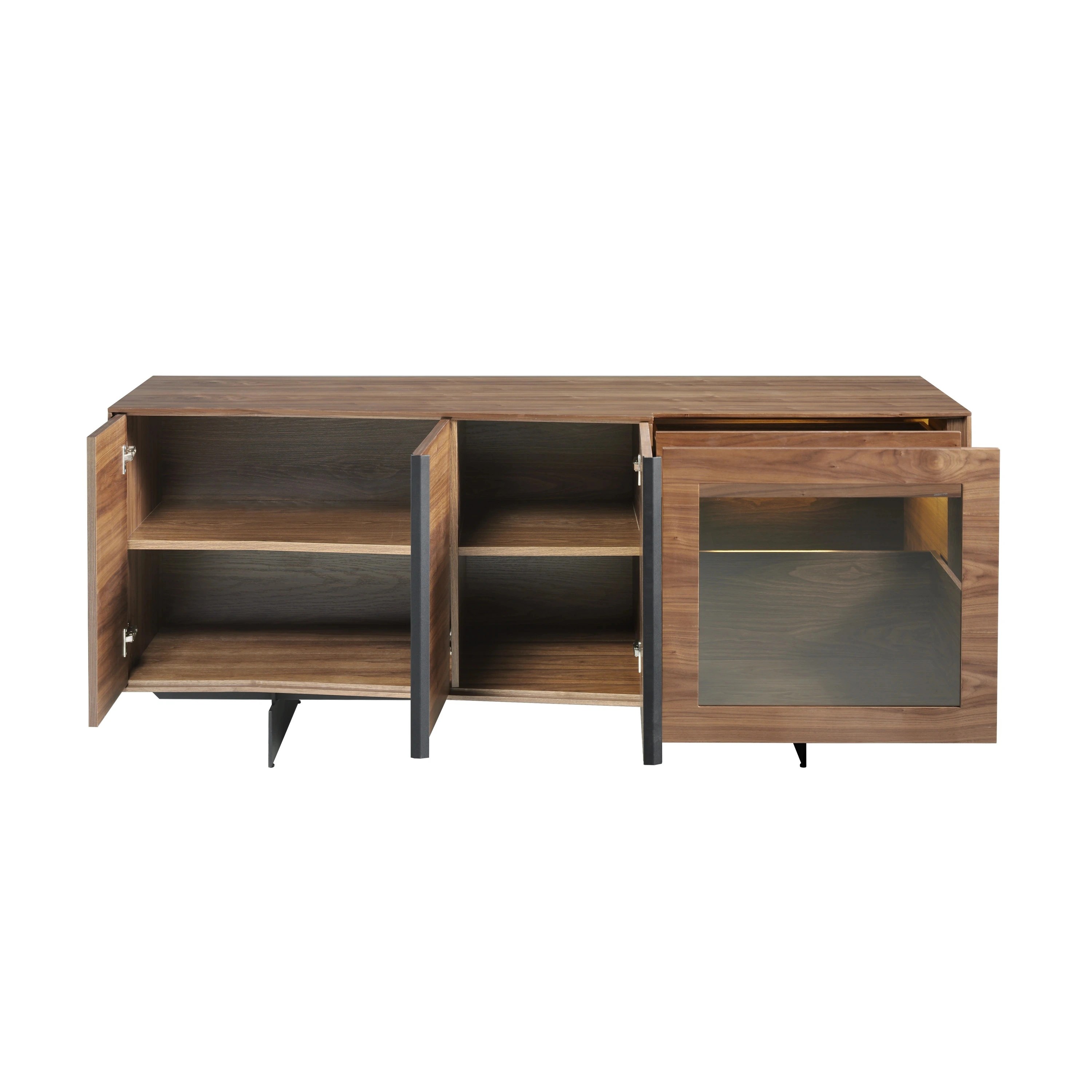 Buffet en noyer et acier noir avec éclairage intérieur