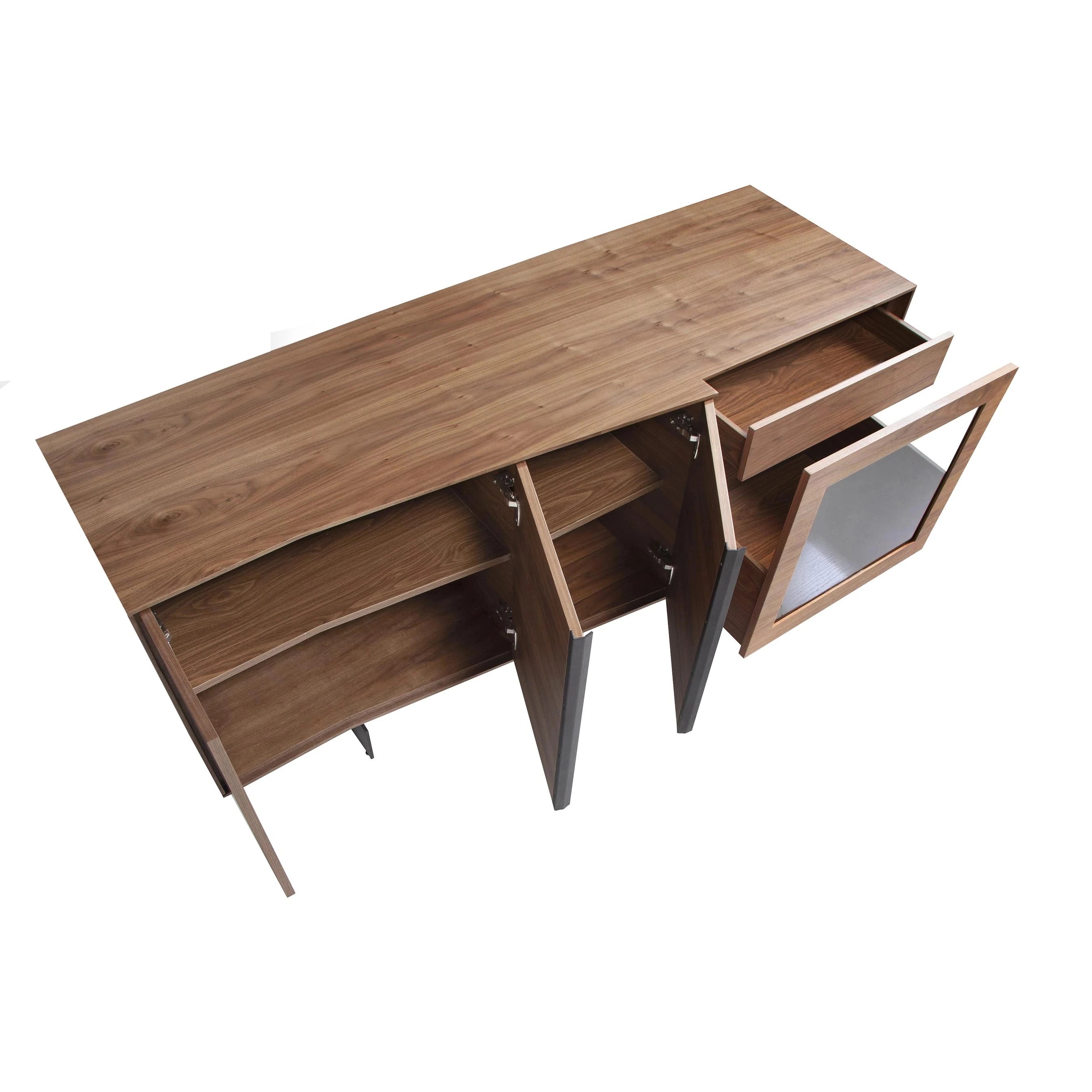Buffet en noyer et acier noir avec éclairage intérieur