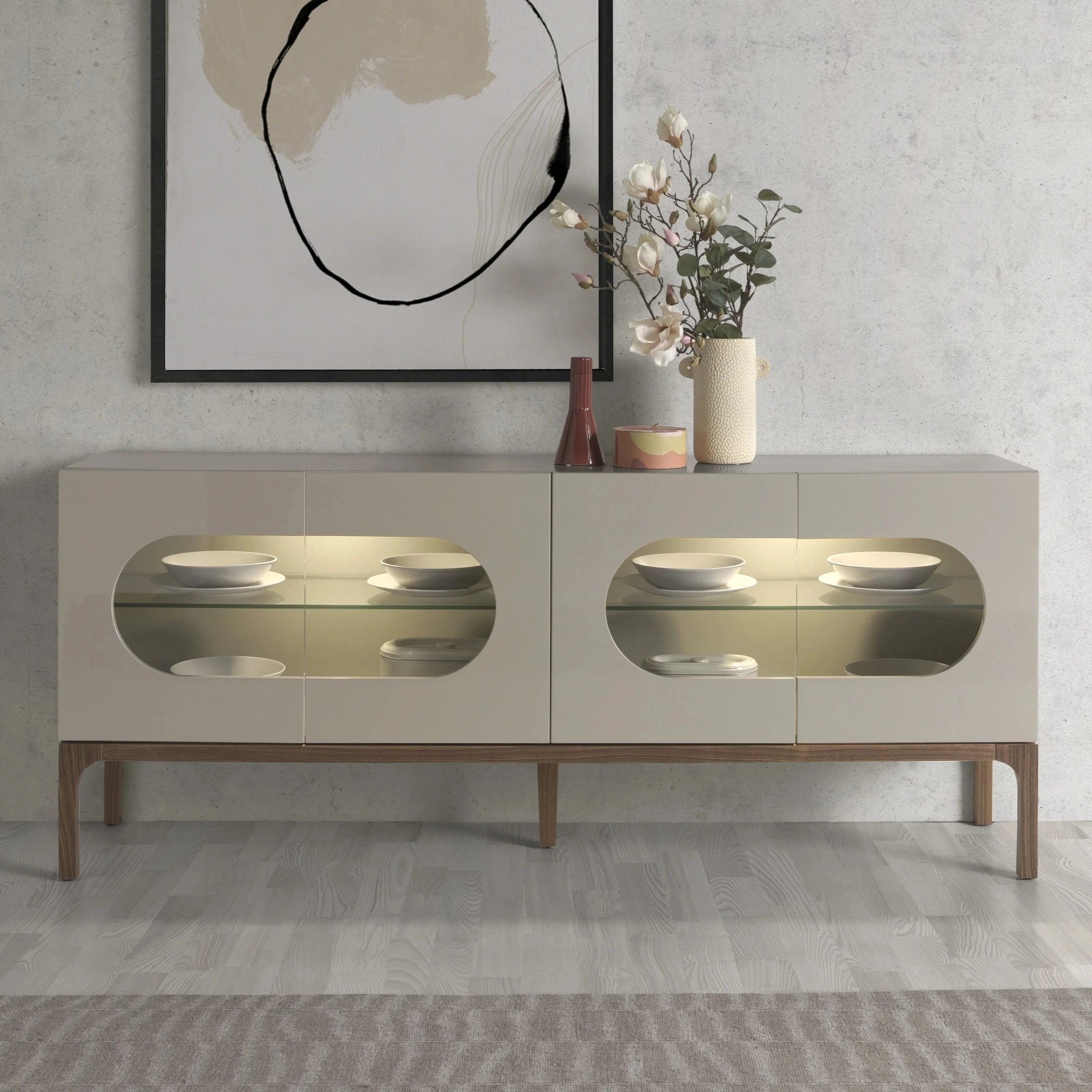 Buffet en noyer et gris avec éclairage intérieur