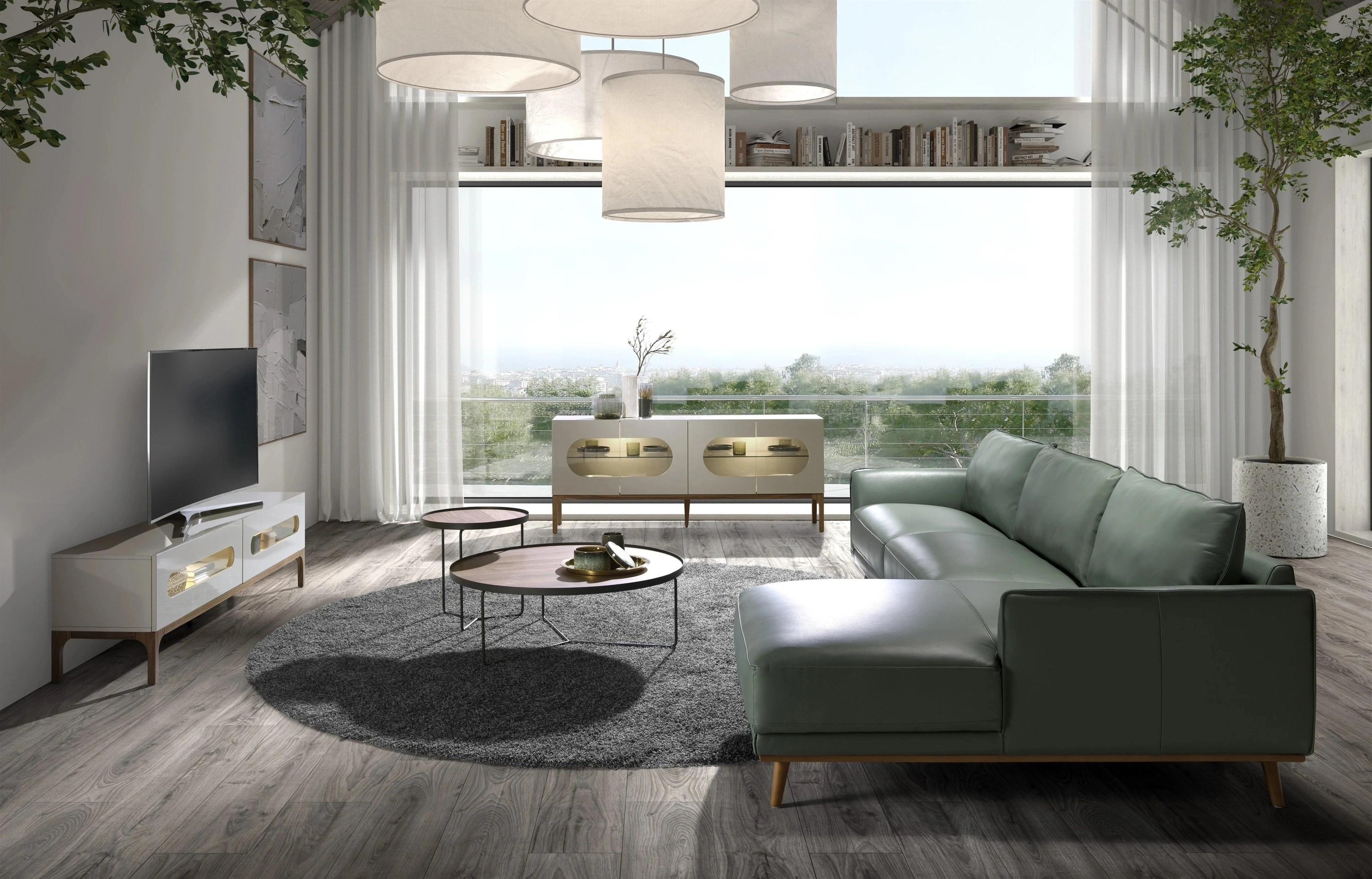 Buffet en noyer et gris avec éclairage intérieur