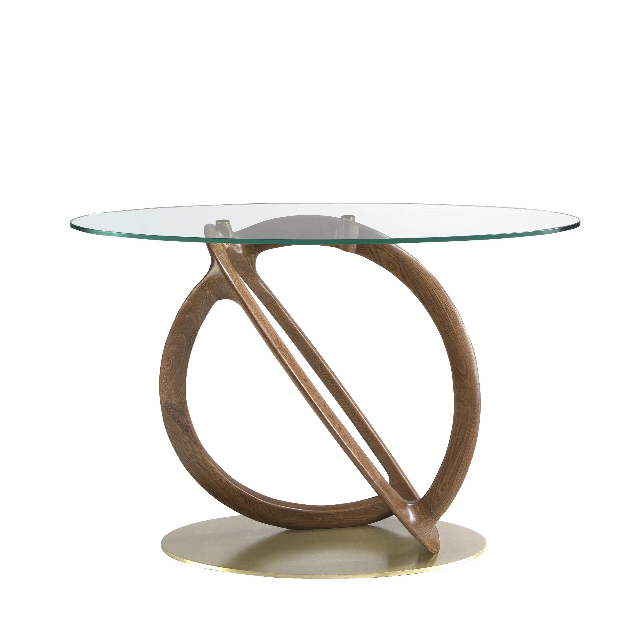 Console ovale verre trempé, noyer et acier poli doré