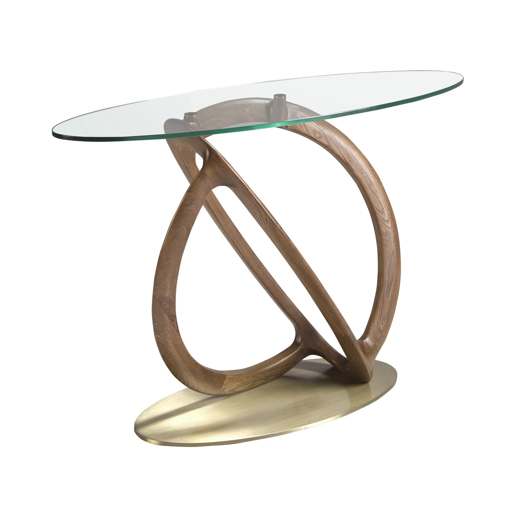 Console ovale verre trempé, noyer et acier poli doré