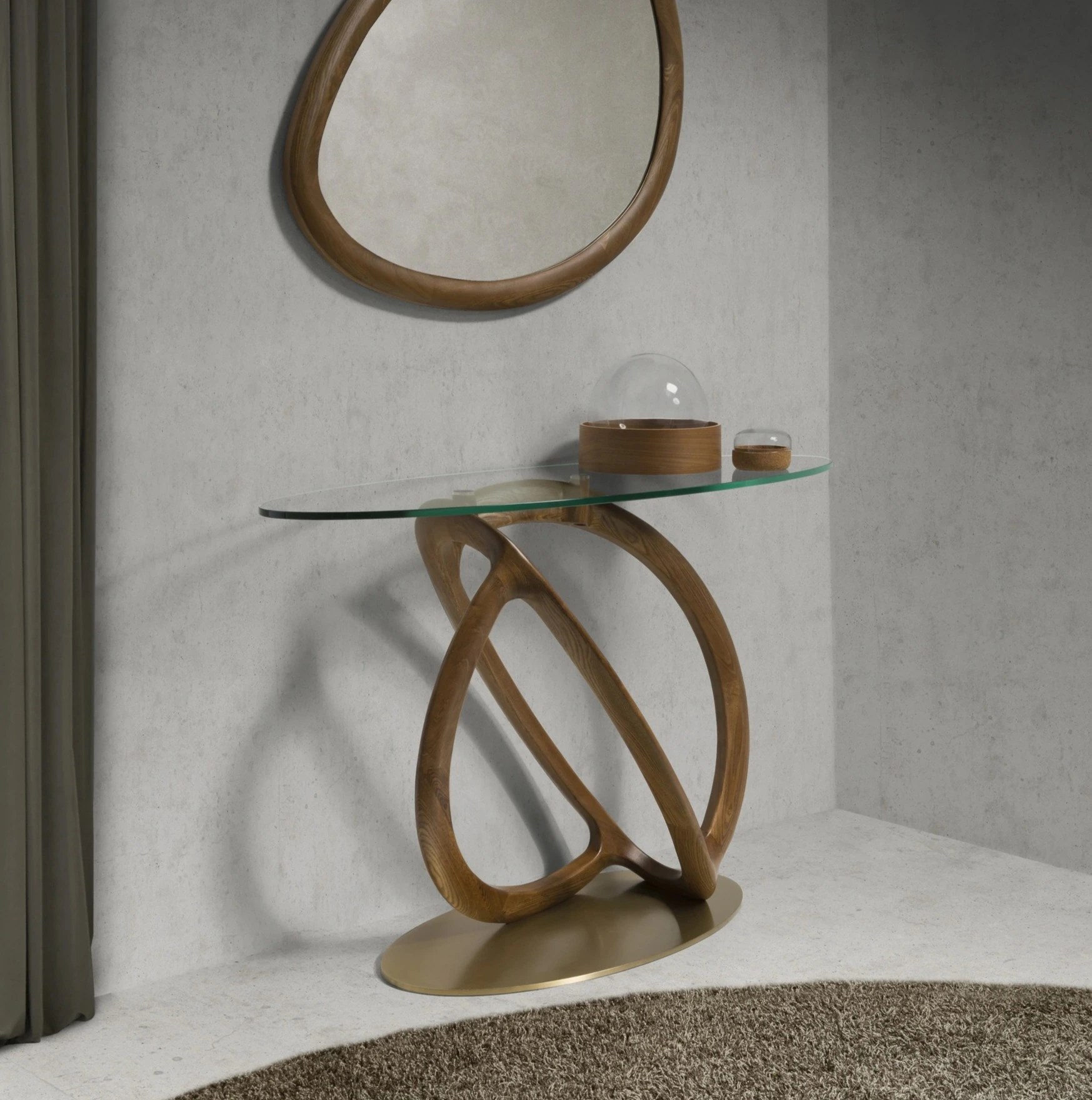 Console ovale verre trempé, noyer et acier poli doré