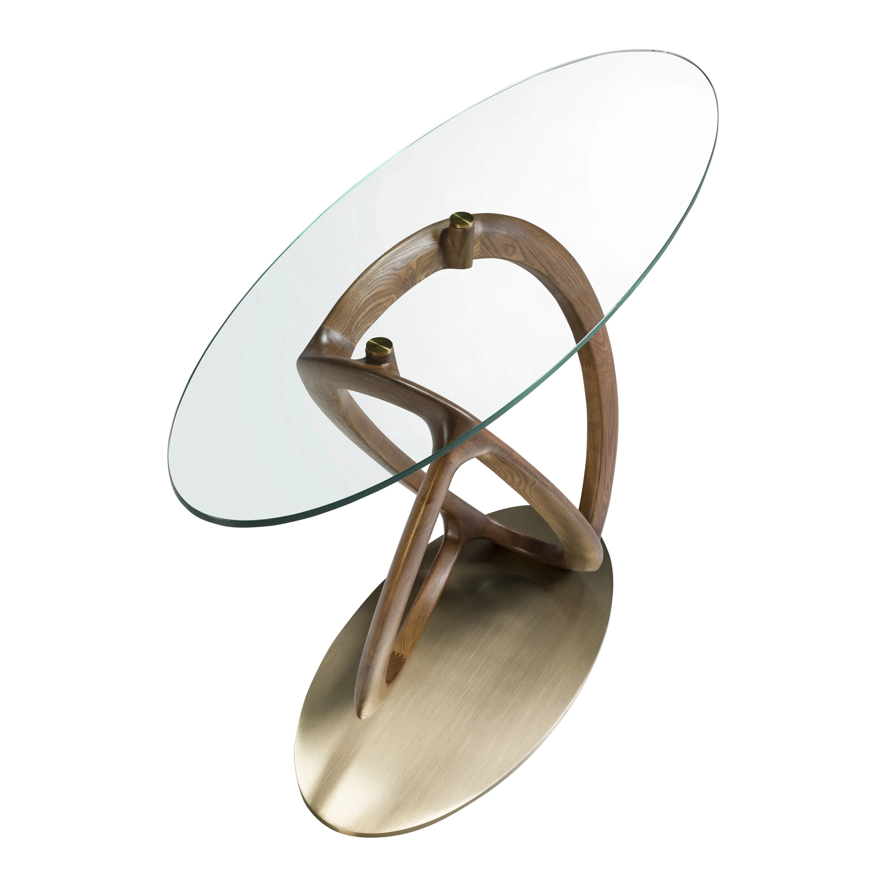 Console ovale verre trempé, noyer et acier poli doré