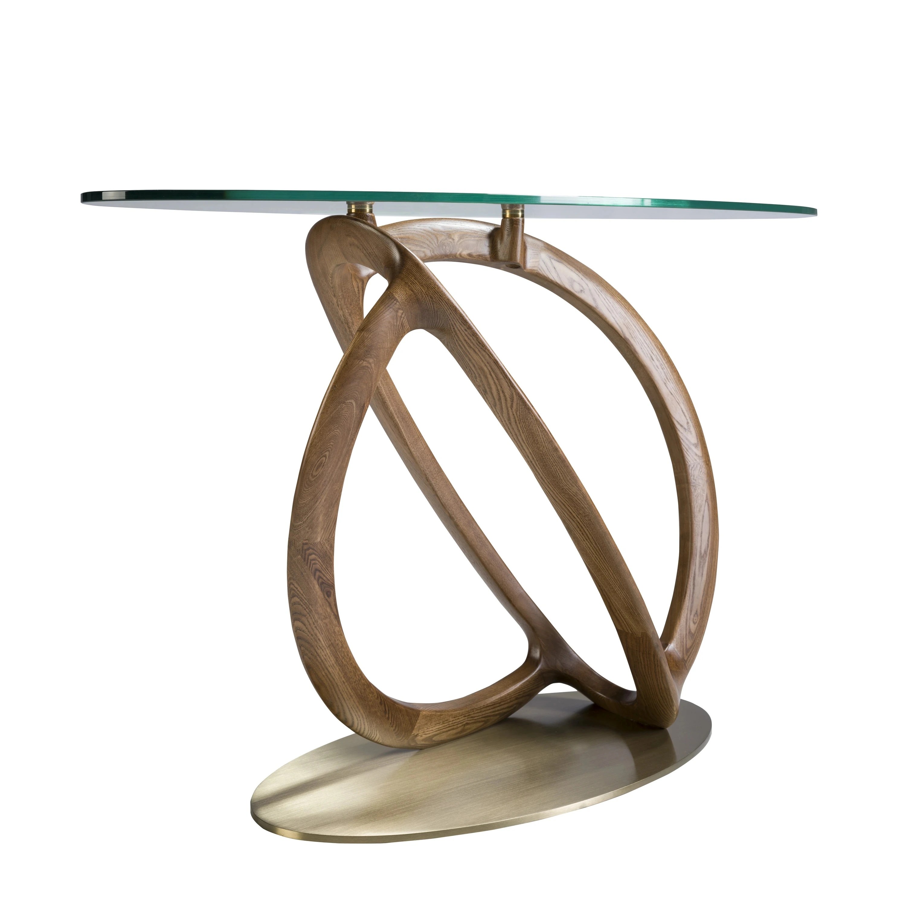Console ovale verre trempé, noyer et acier poli doré