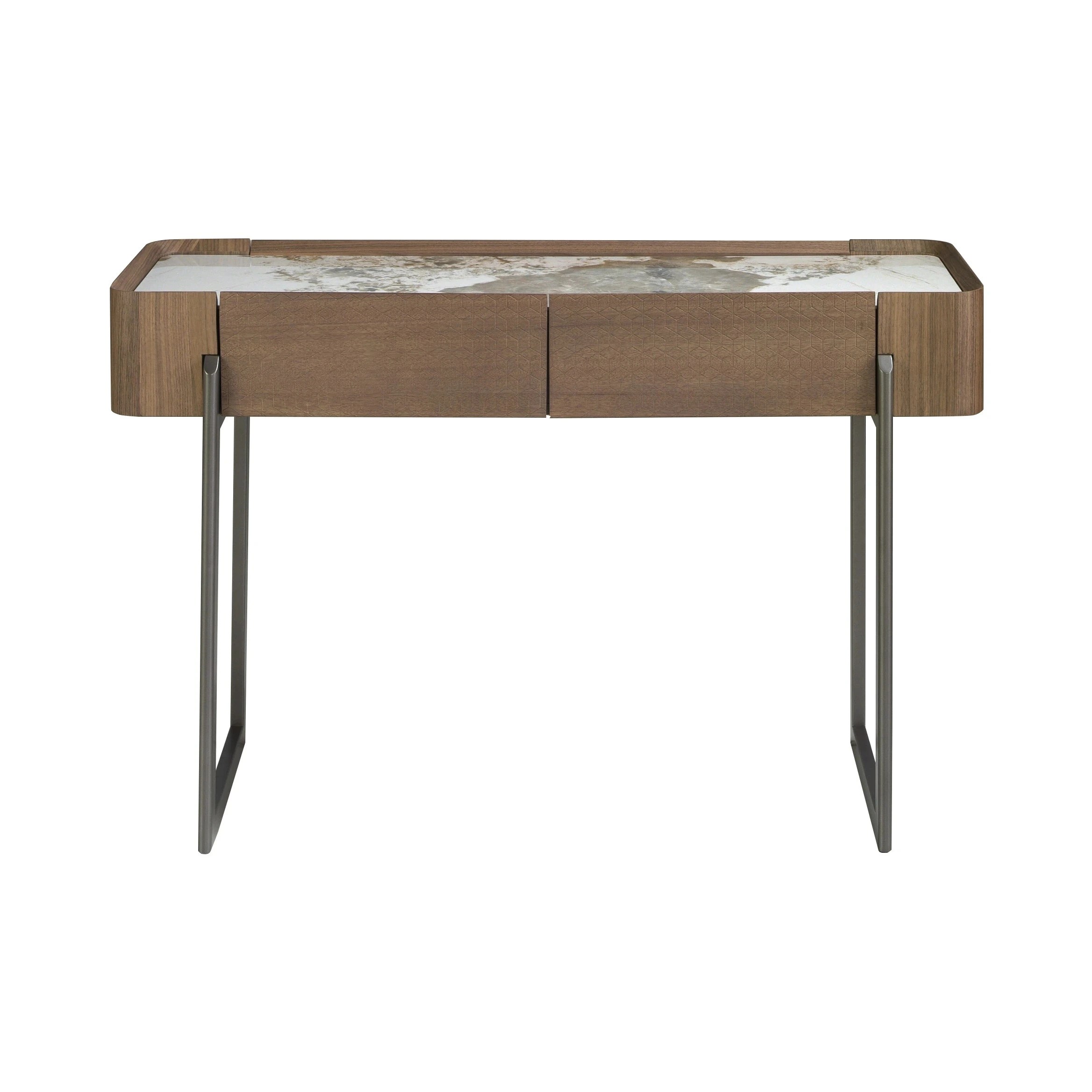 Table console rectangulaire en marbre porcelaine, noyer et acier métallique foncé