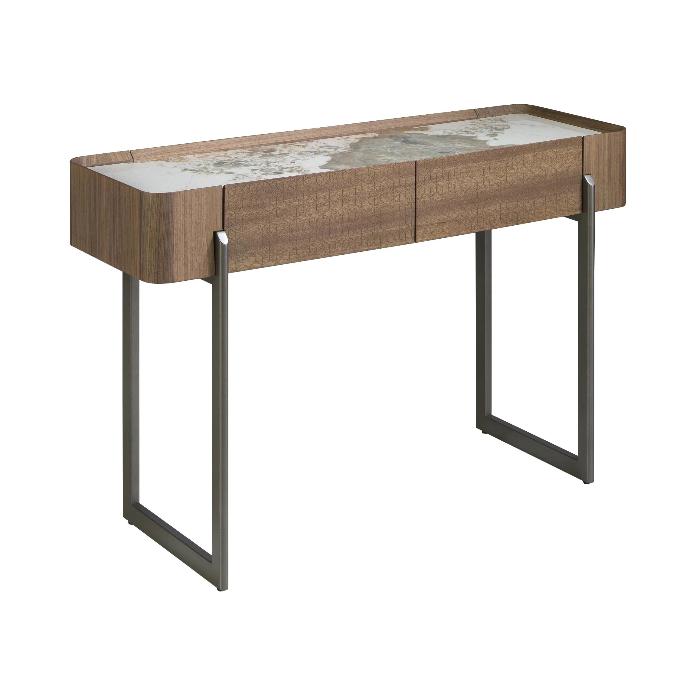 Table console rectangulaire en marbre porcelaine, noyer et acier métallique foncé
