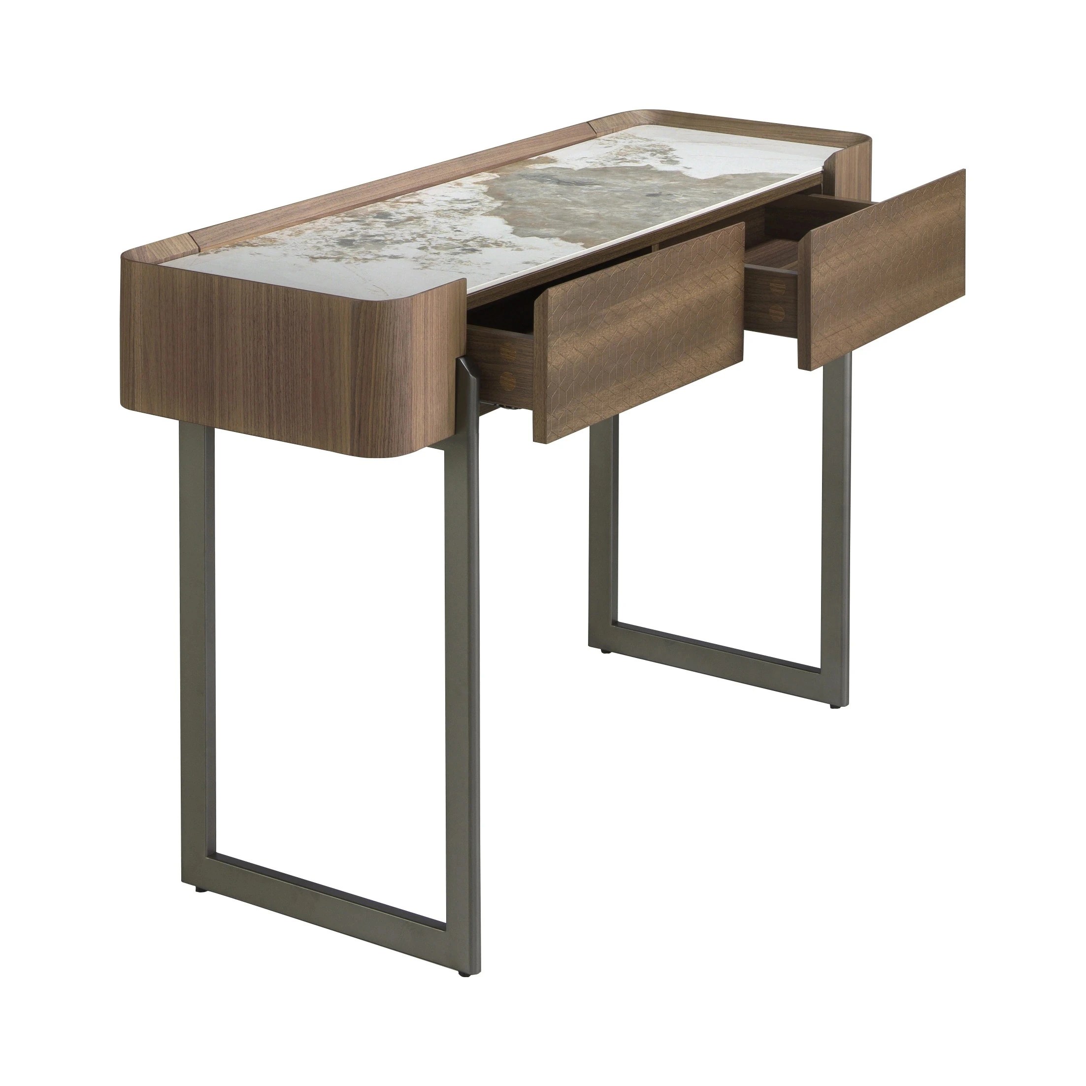 Table console rectangulaire en marbre porcelaine, noyer et acier métallique foncé