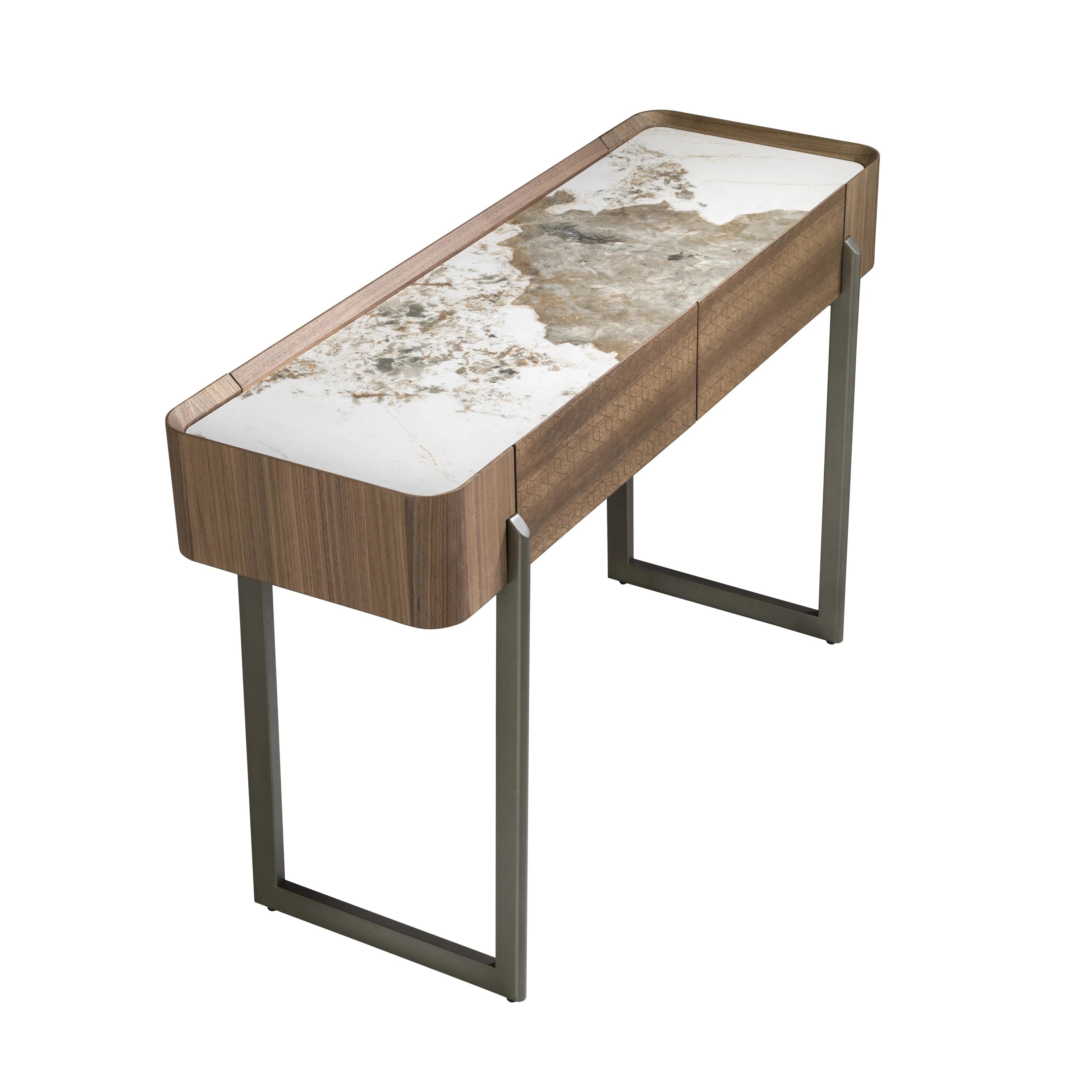 Table console rectangulaire en marbre porcelaine, noyer et acier métallique foncé