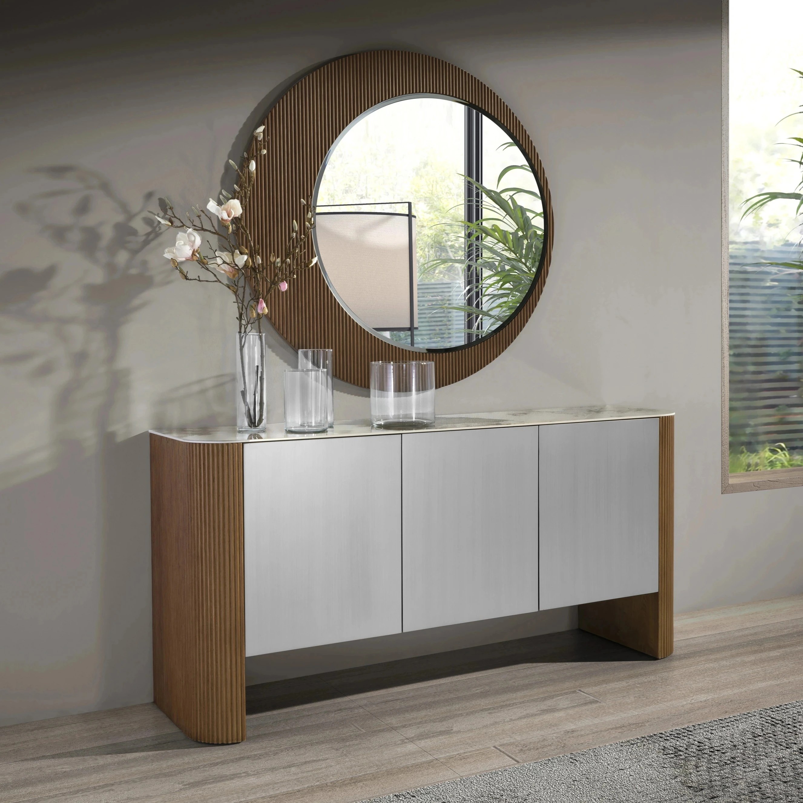 Buffet en bois argenté, noyer et plateau en marbre de porcelaine