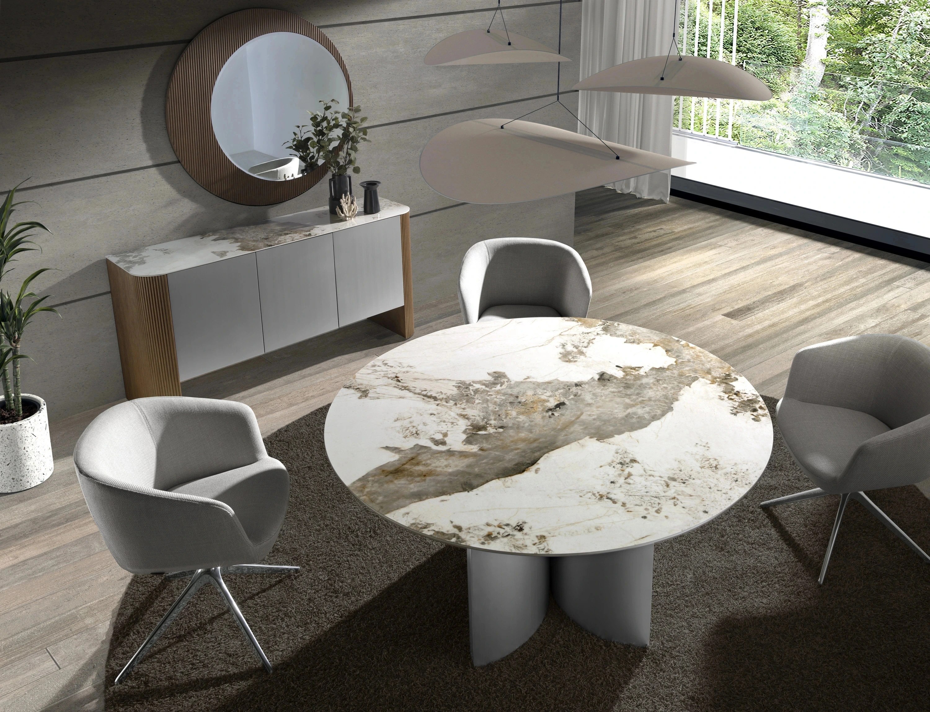 Buffet en bois argenté, noyer et plateau en marbre de porcelaine