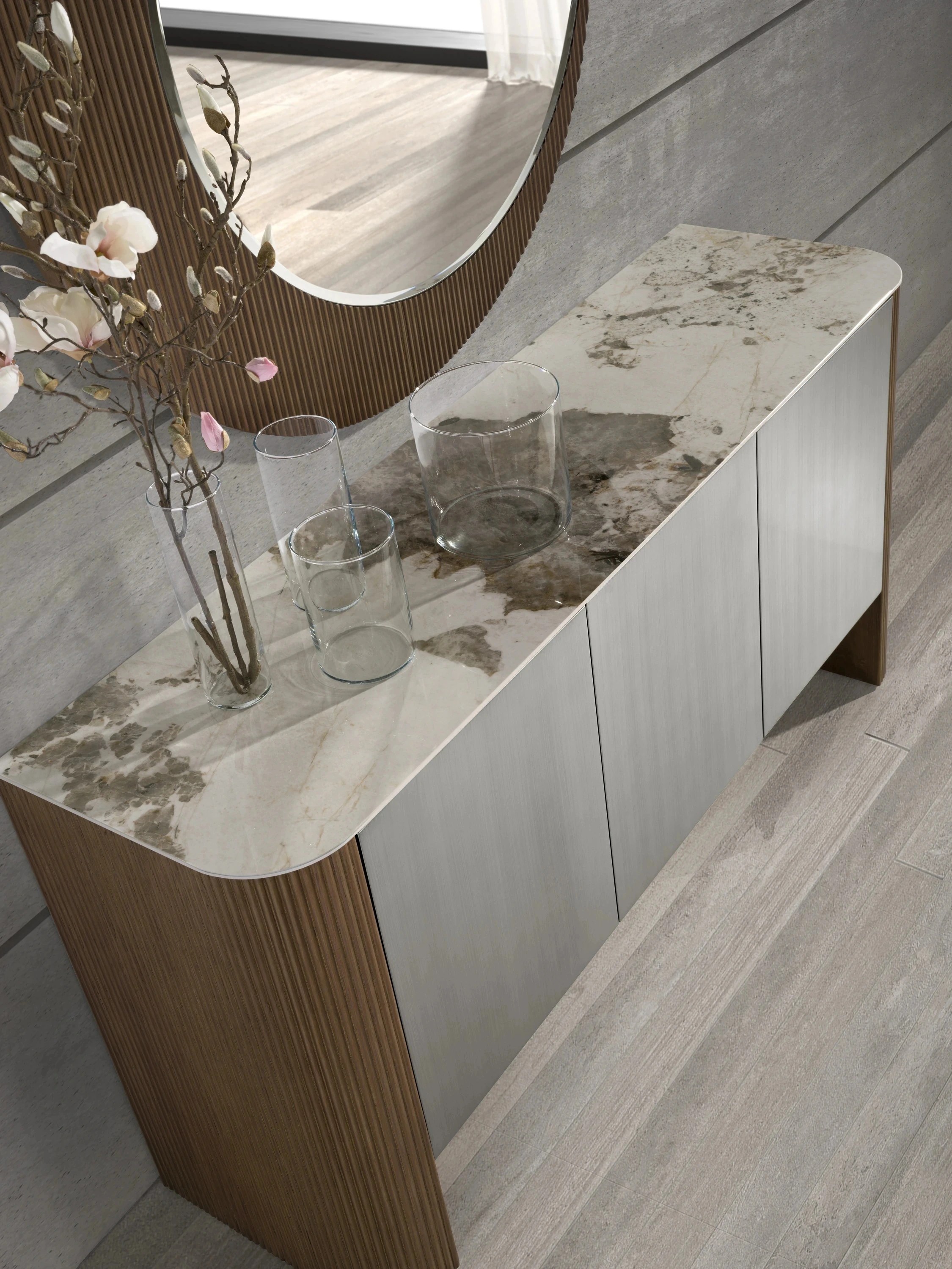 Buffet en bois argenté, noyer et plateau en marbre de porcelaine