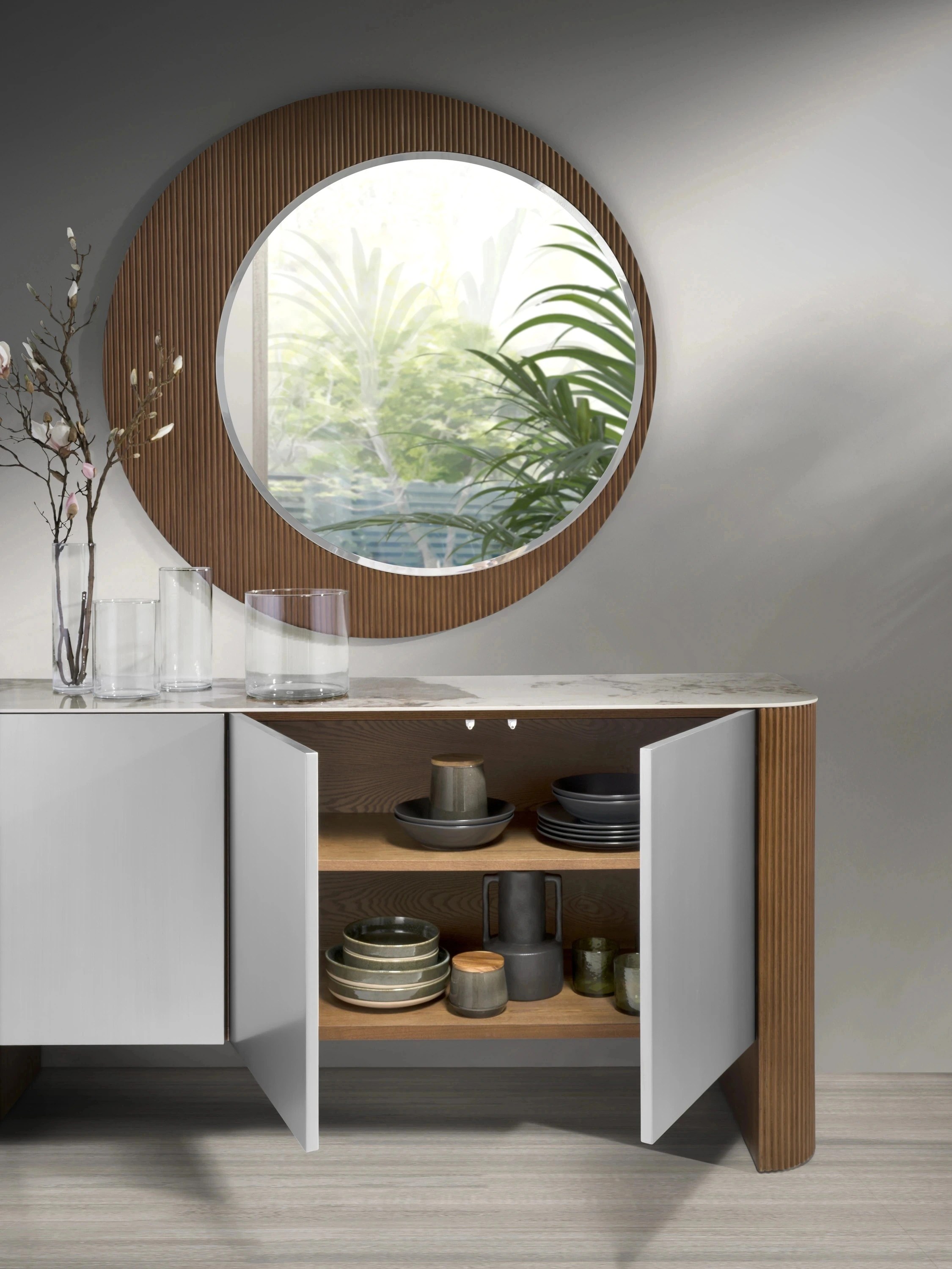 Miroir mural rond noyer