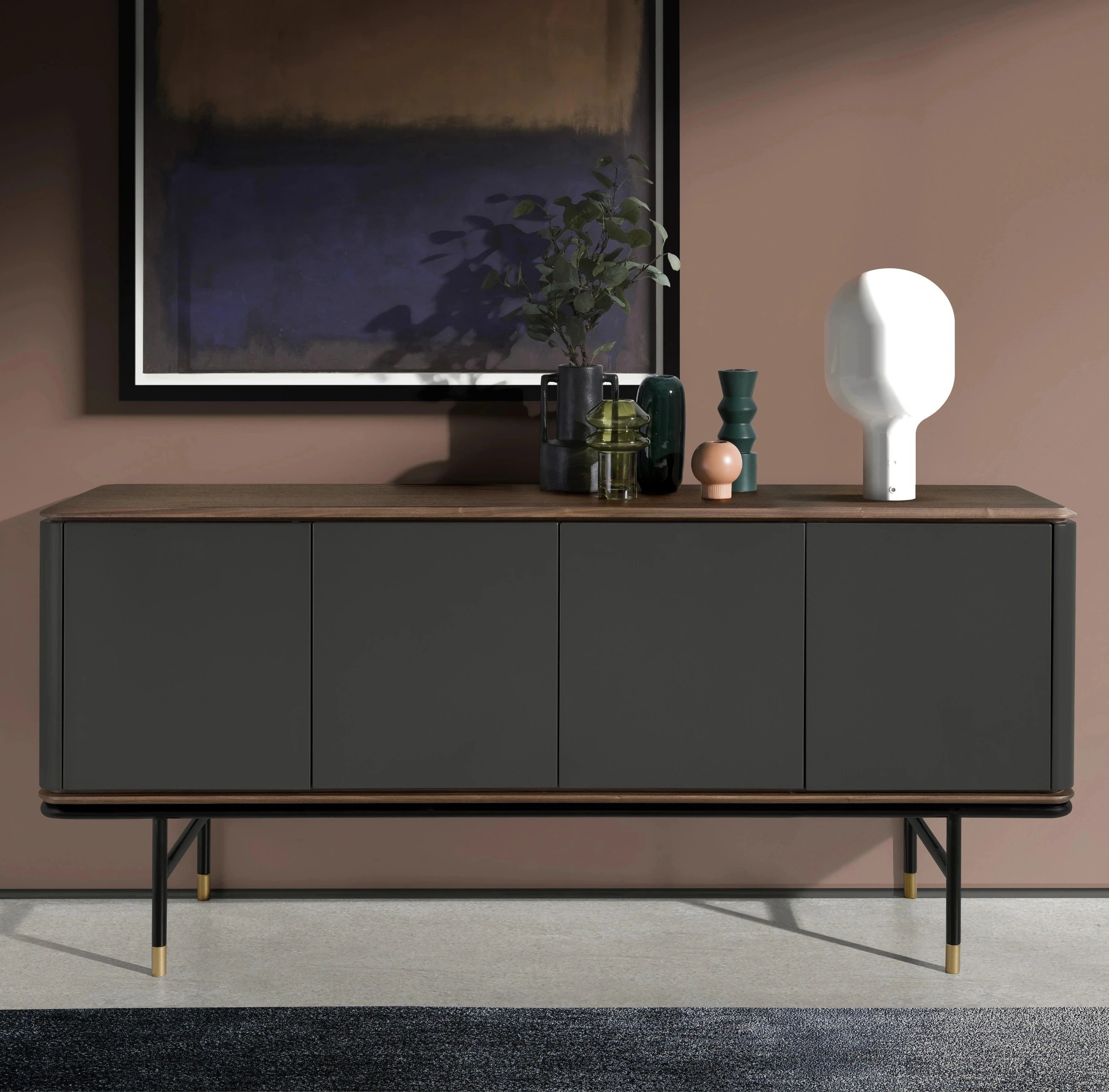 Buffet en bois gris foncé, acier noir et plateau en noyer