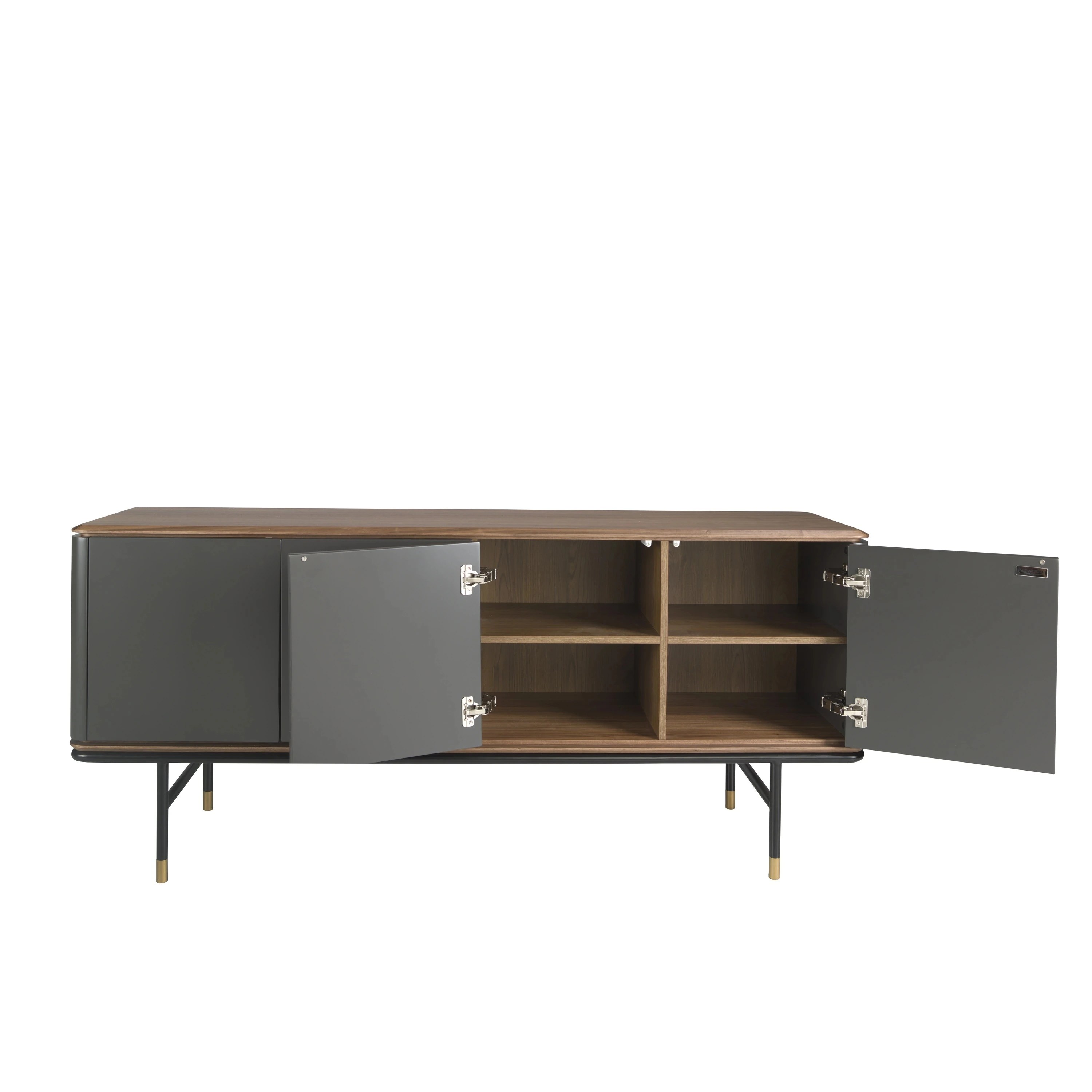 Buffet en bois gris foncé, acier noir et plateau en noyer