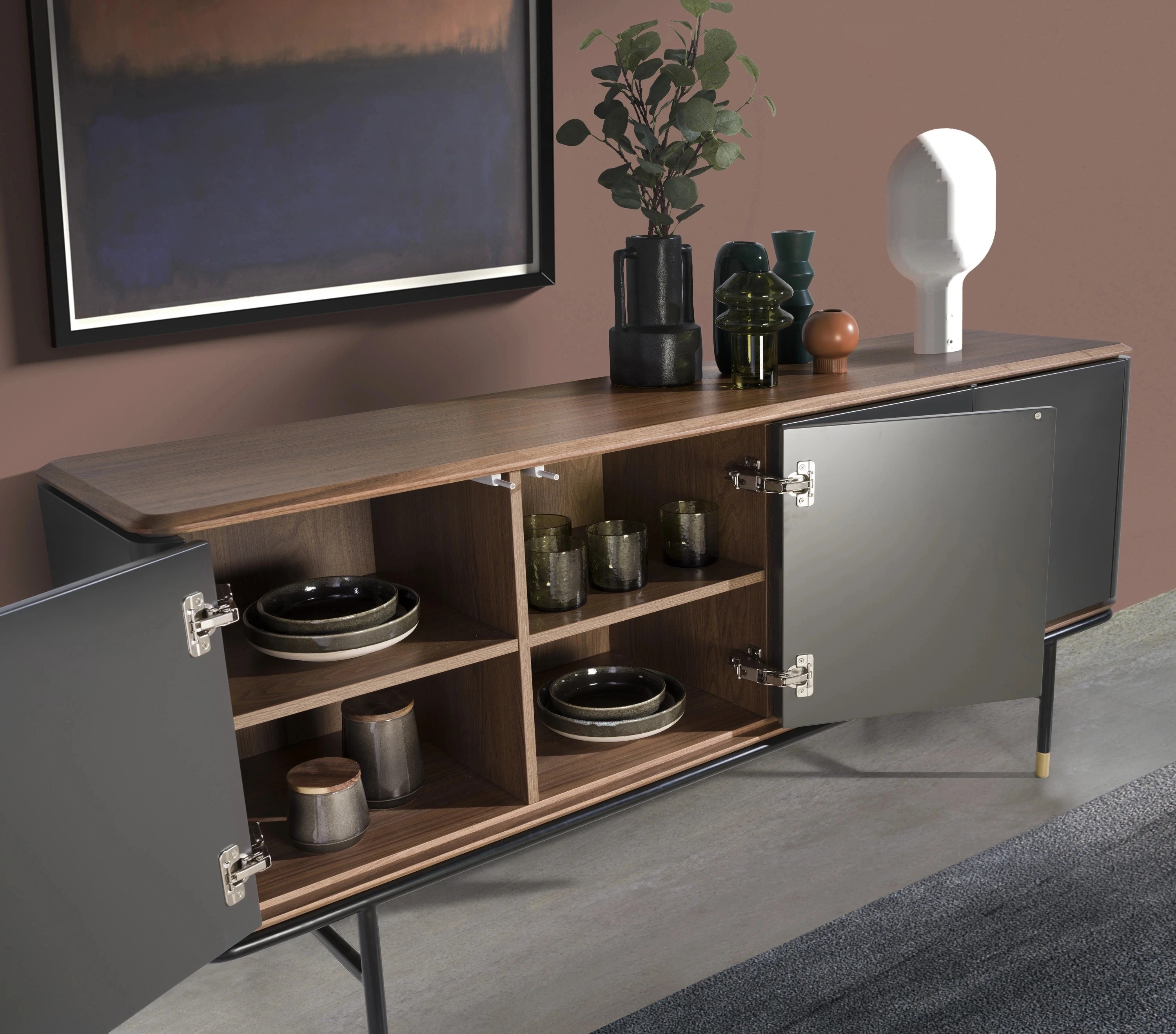 Buffet en bois gris foncé, acier noir et plateau en noyer
