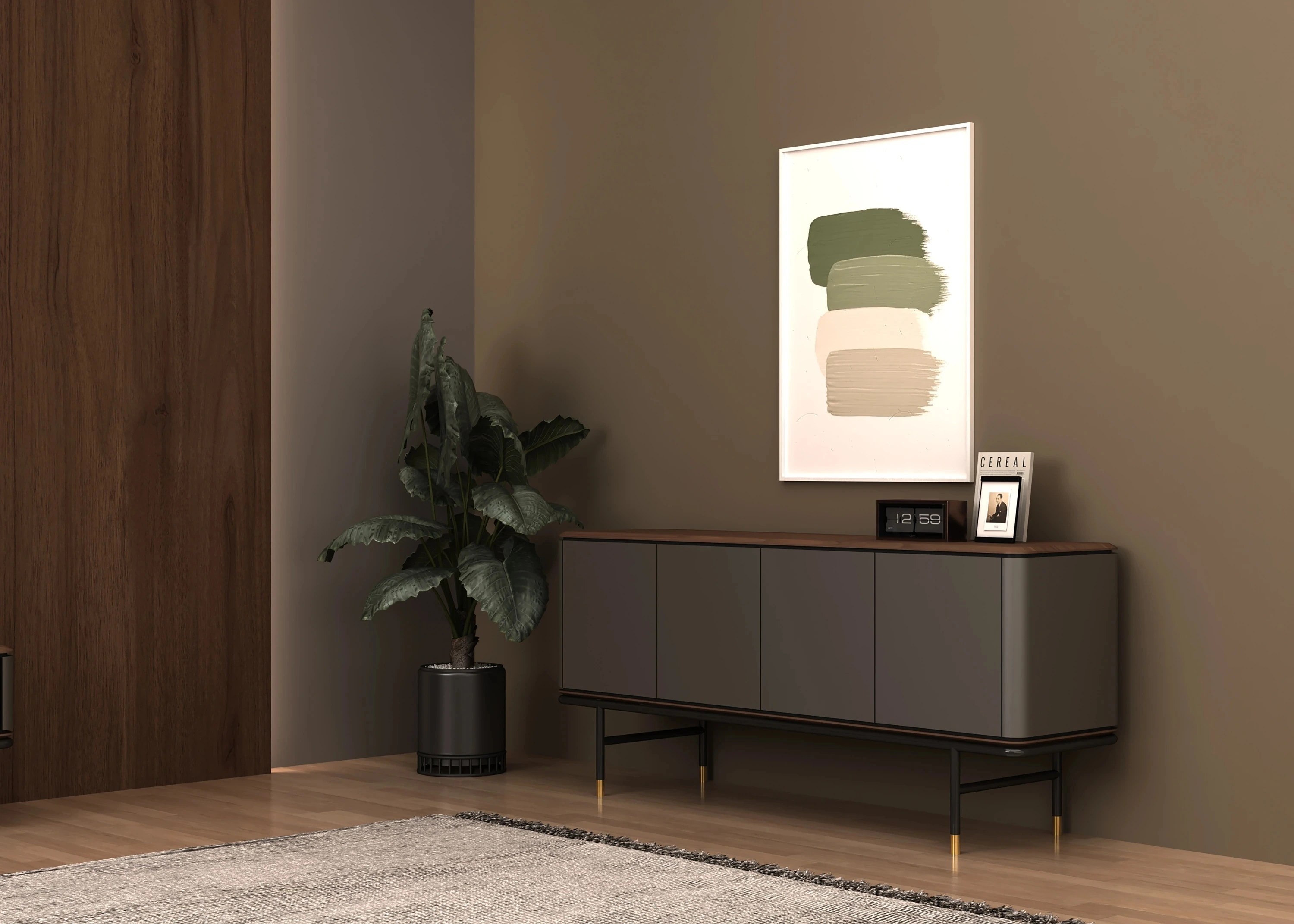 Buffet en bois gris foncé, acier noir et plateau en noyer