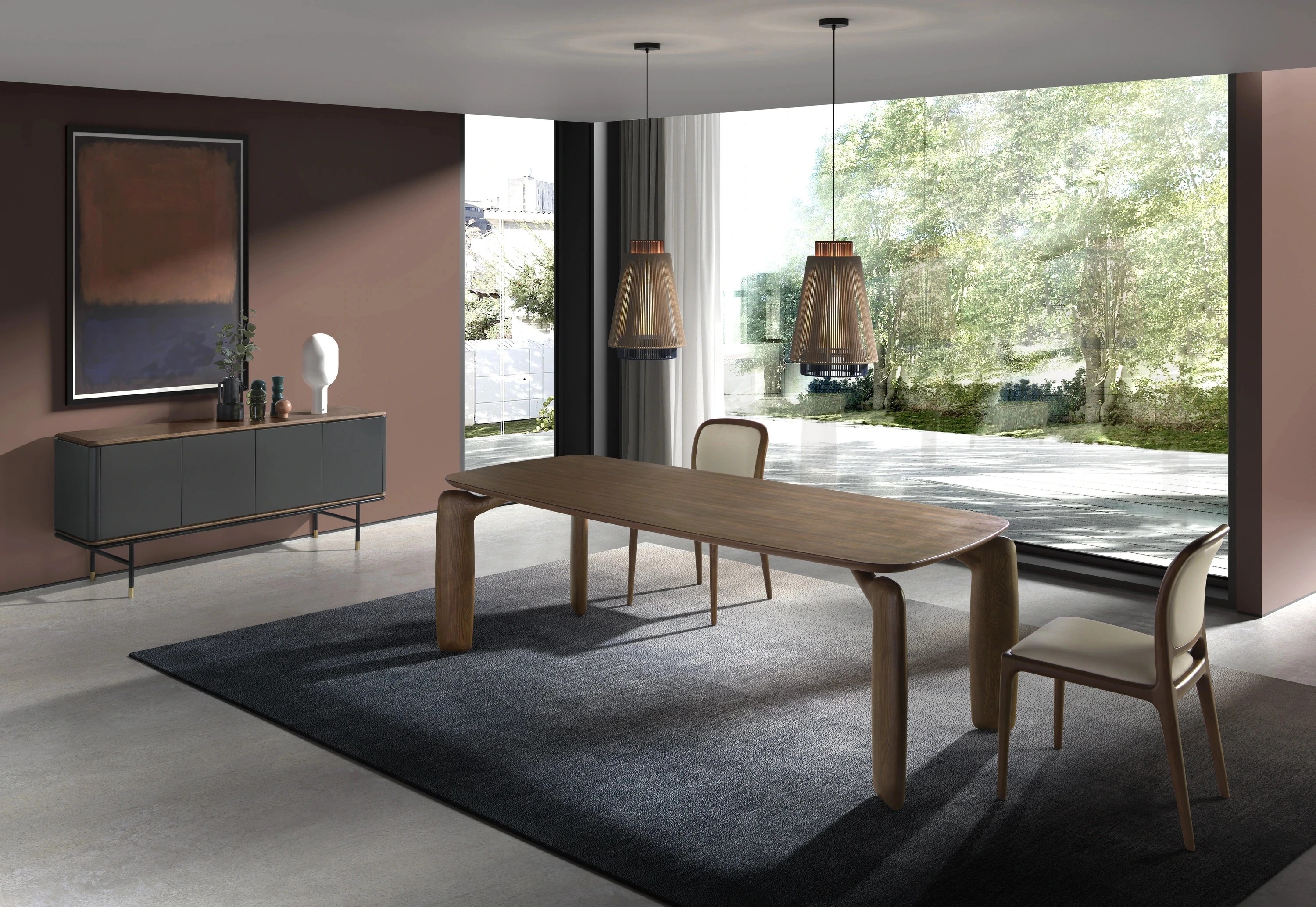Buffet en bois gris foncé, acier noir et plateau en noyer
