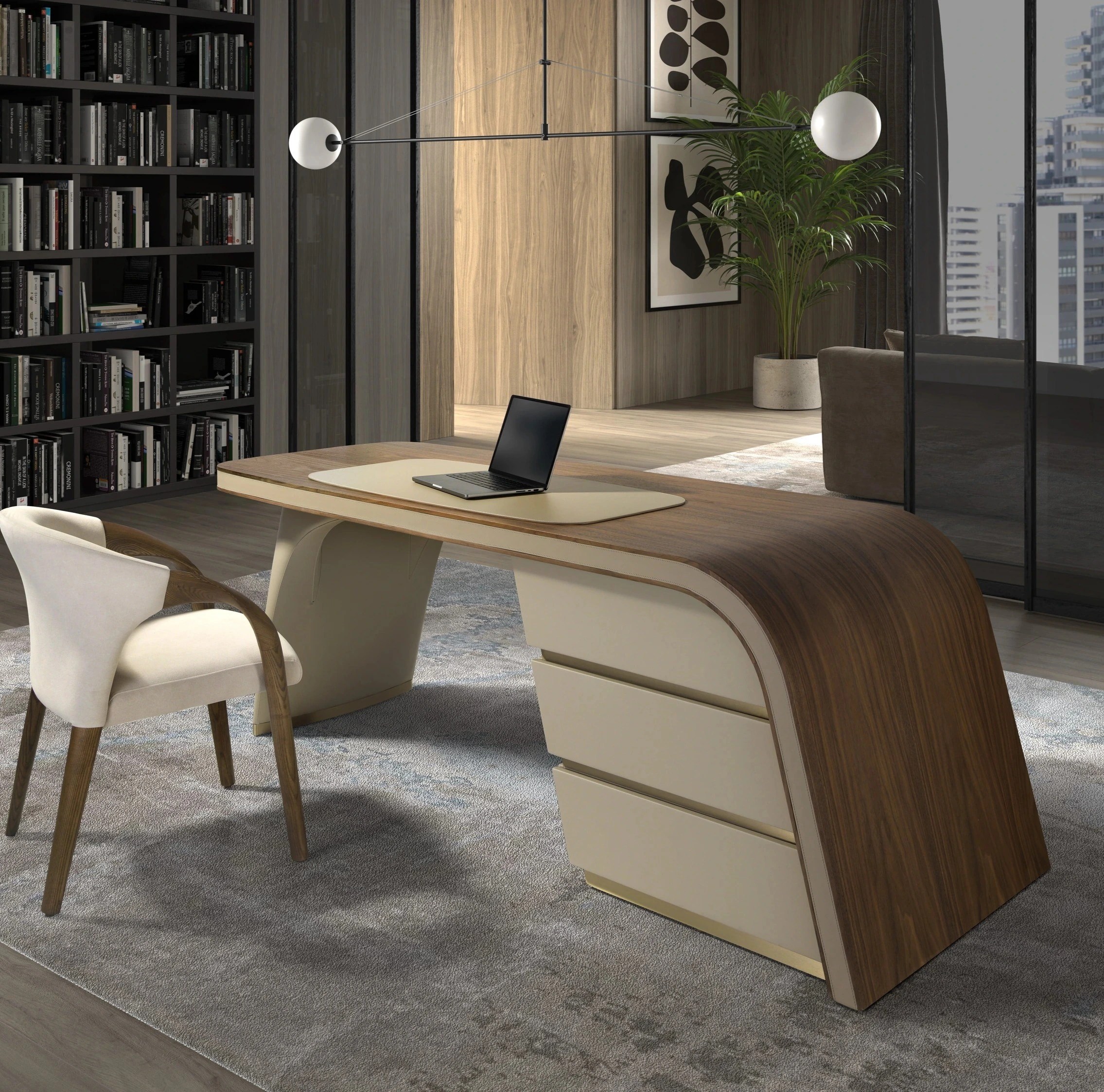 Bureau en noyer et bois recouvert de simili-cuir crème
