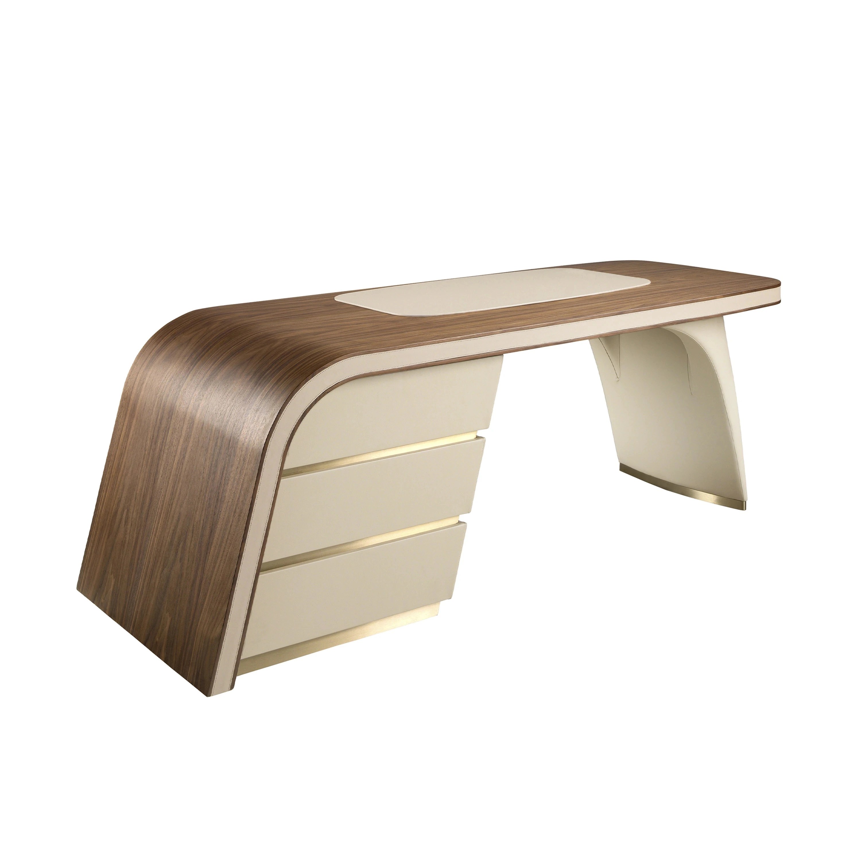 Bureau en noyer et bois recouvert de simili-cuir crème