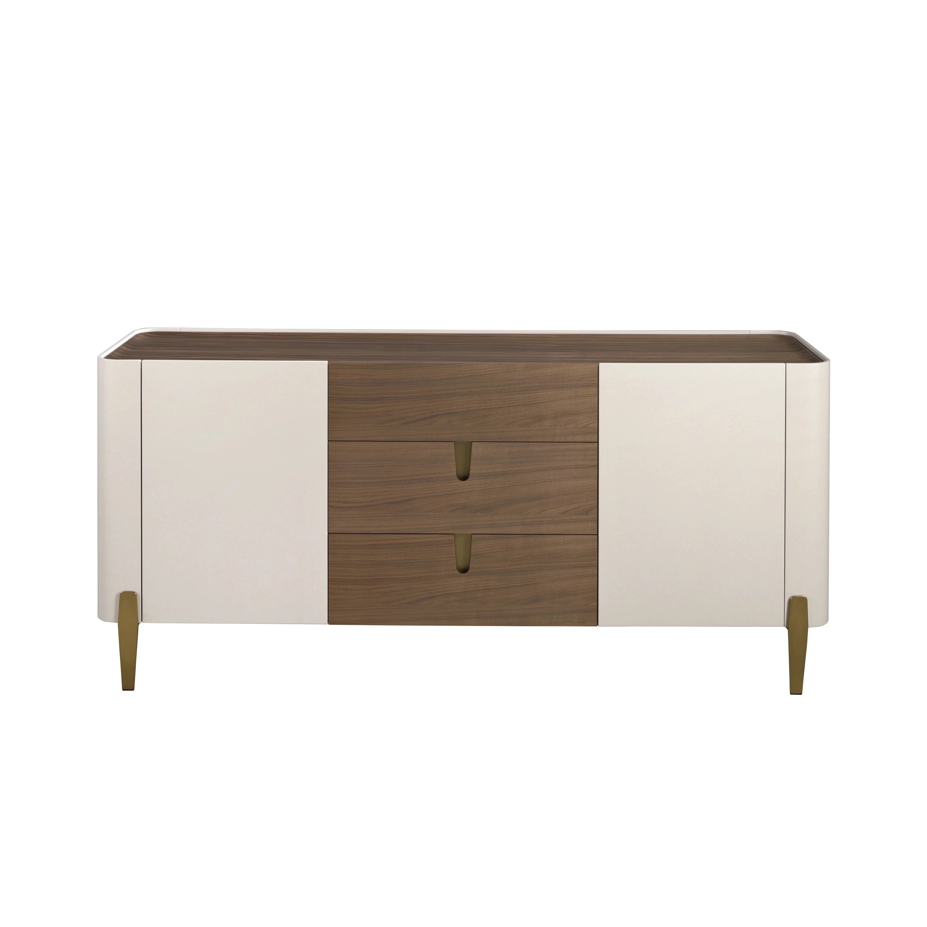 Buffet en noyer, beige, acier poli doré et plateau en noyer
