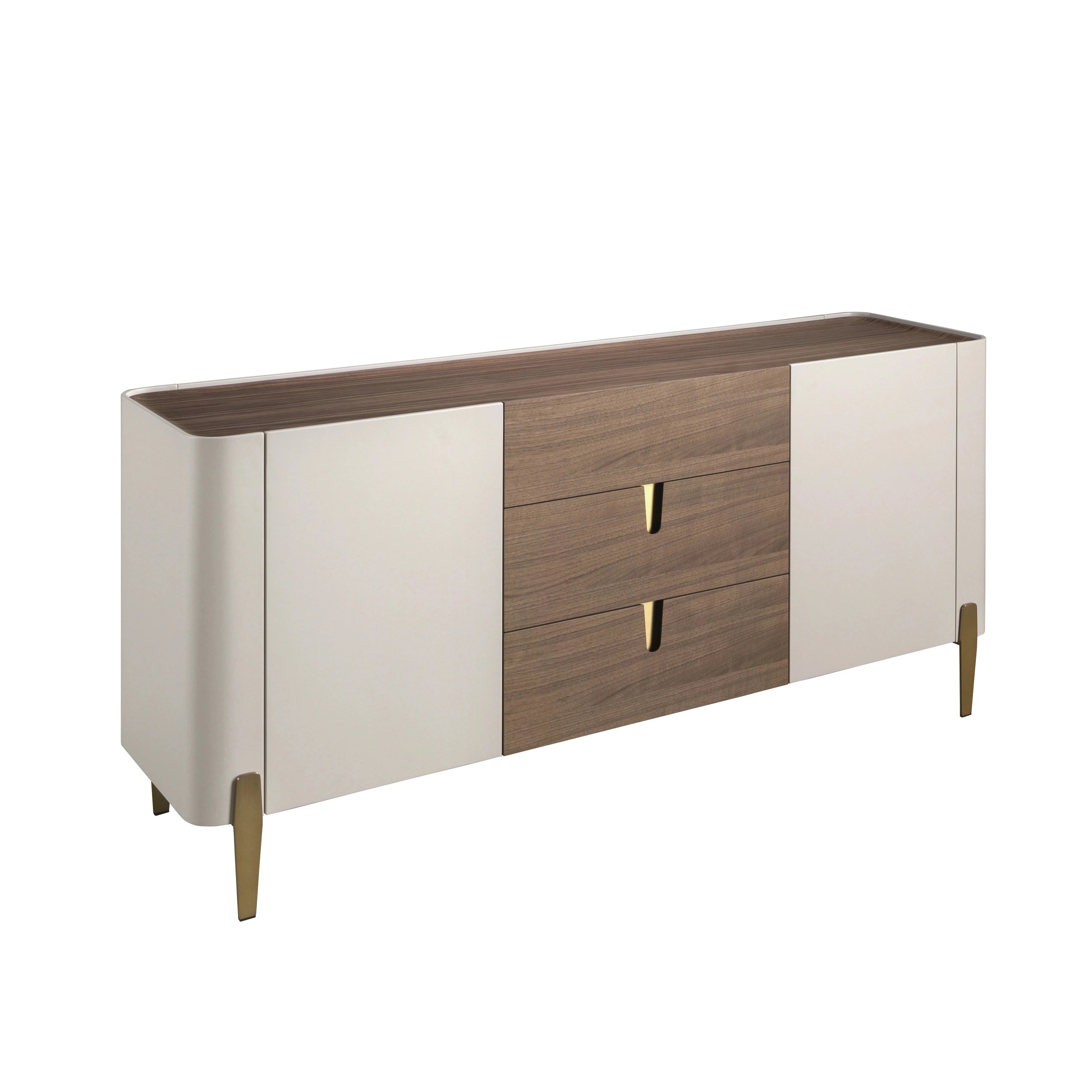 Buffet en noyer, beige, acier poli doré et plateau en noyer