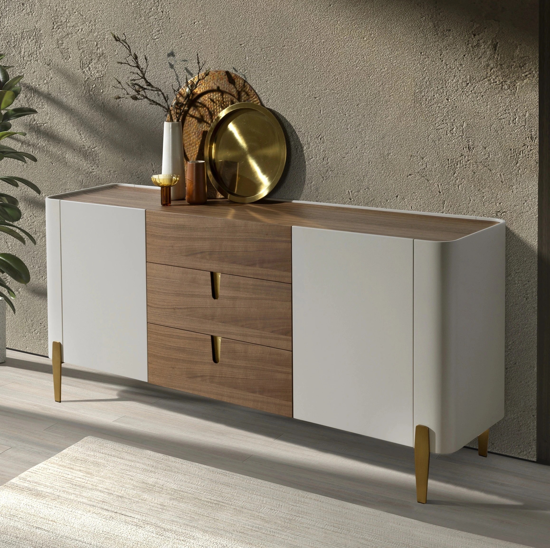 Buffet en noyer, beige, acier poli doré et plateau en noyer