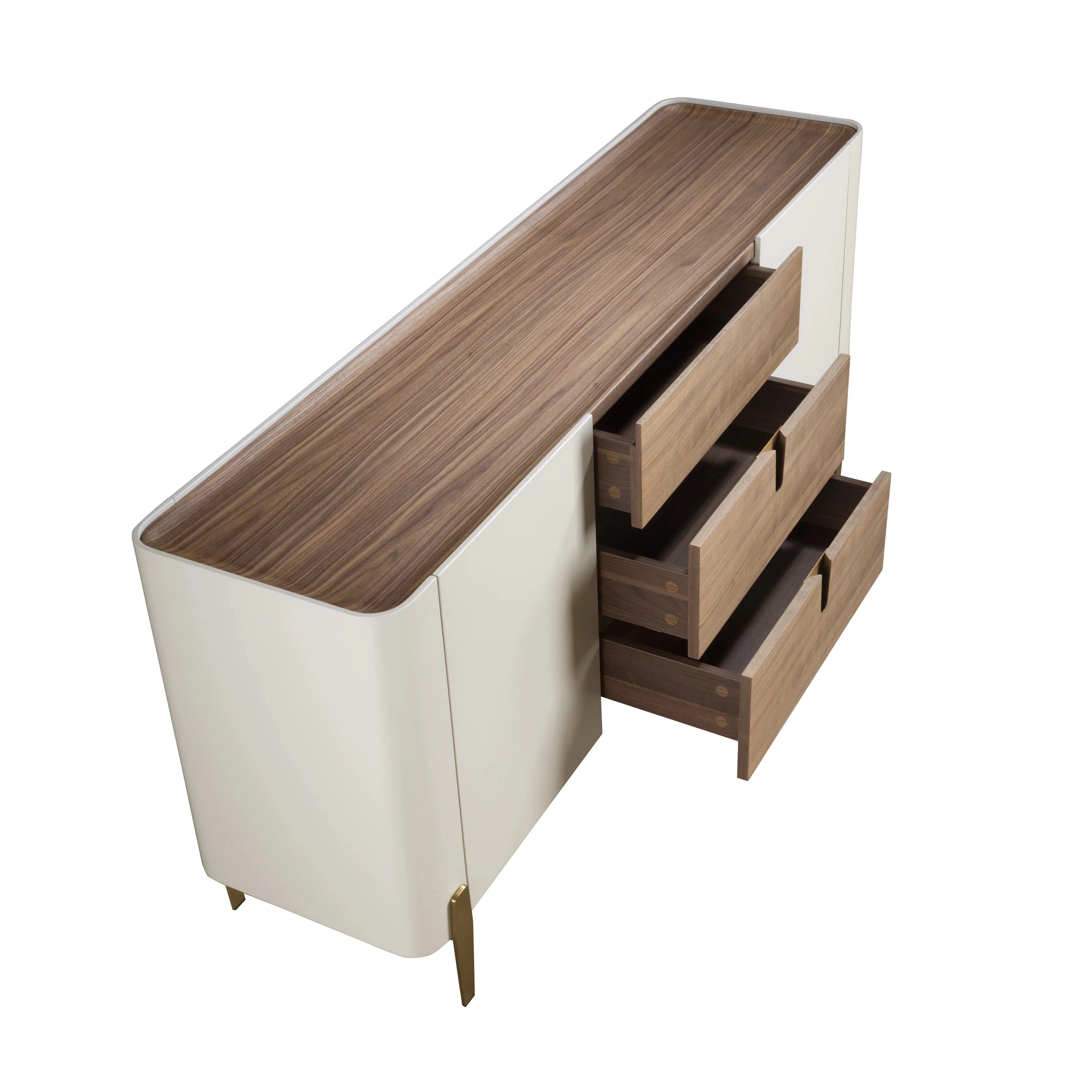 Buffet en noyer, beige, acier poli doré et plateau en noyer