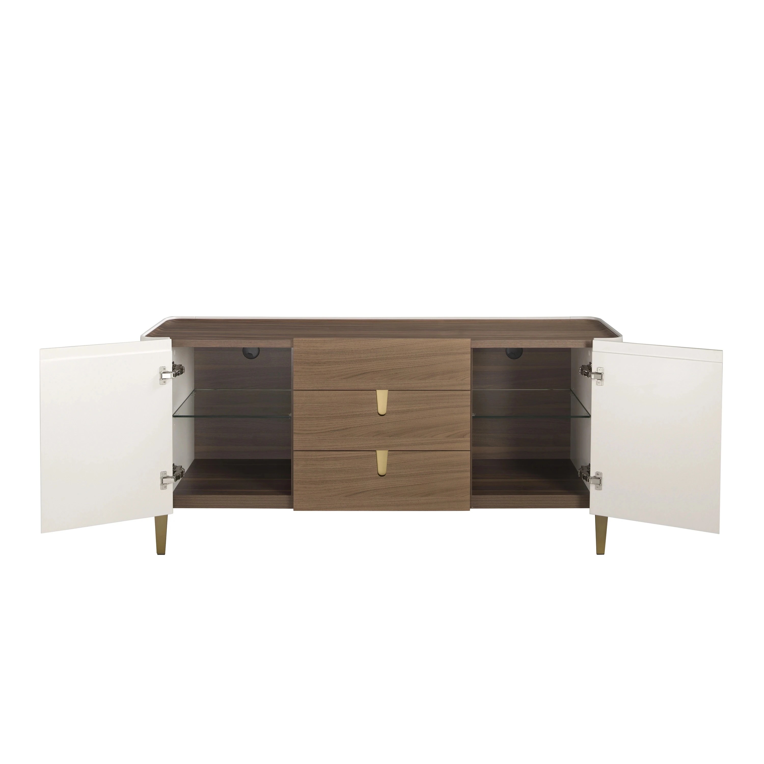 Buffet en noyer, beige, acier poli doré et plateau en noyer