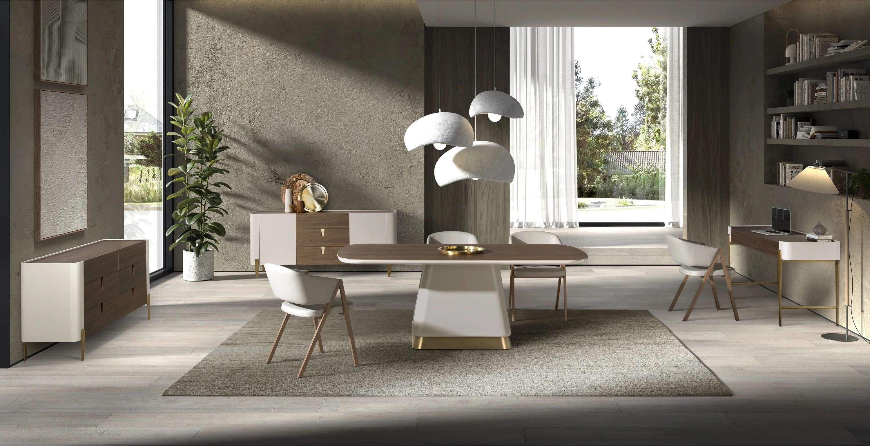 Buffet en noyer, beige, acier poli doré et plateau en noyer