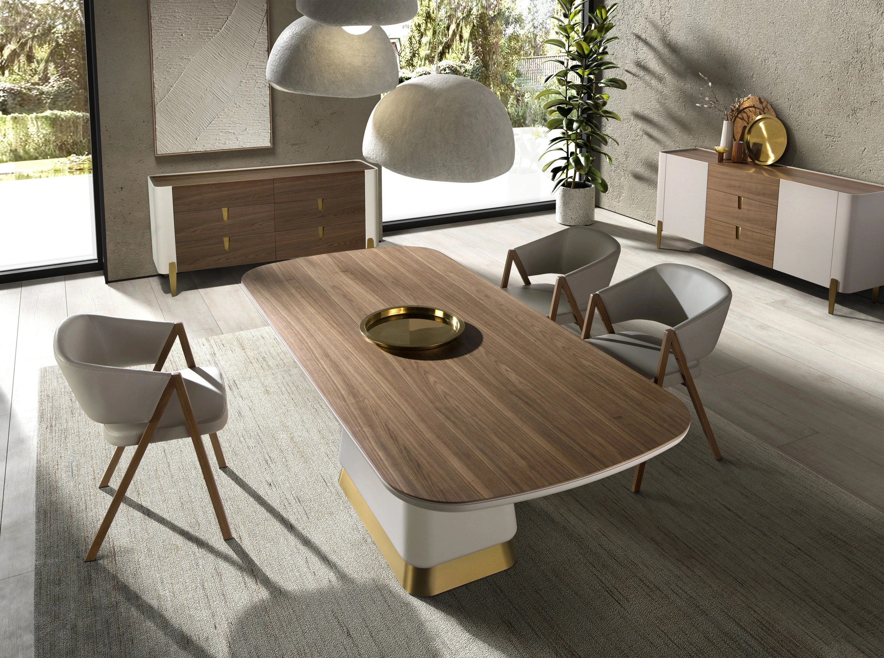 Buffet en noyer, beige, acier poli doré et plateau en noyer