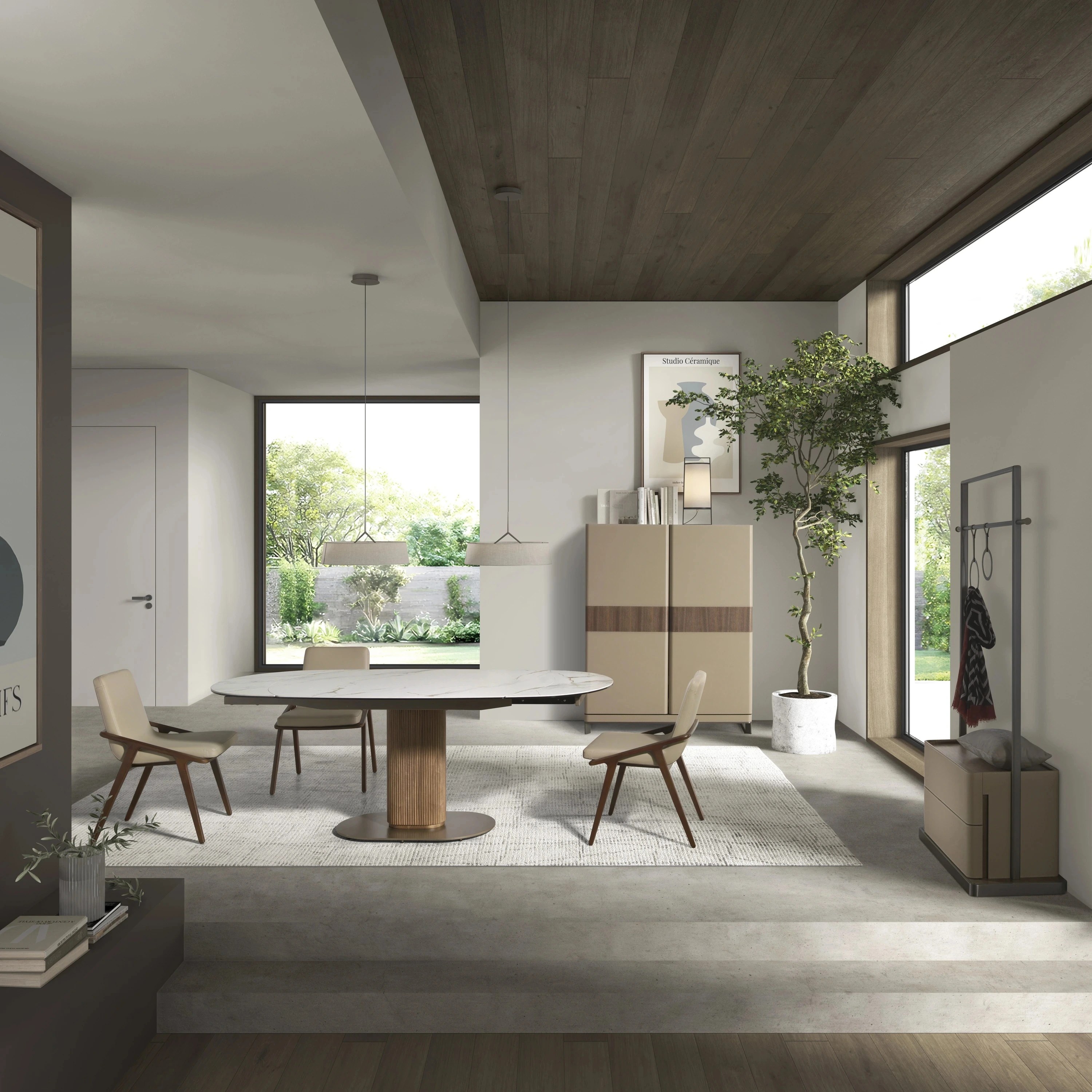 Buffet haut en similicuir, noyer et acier poli