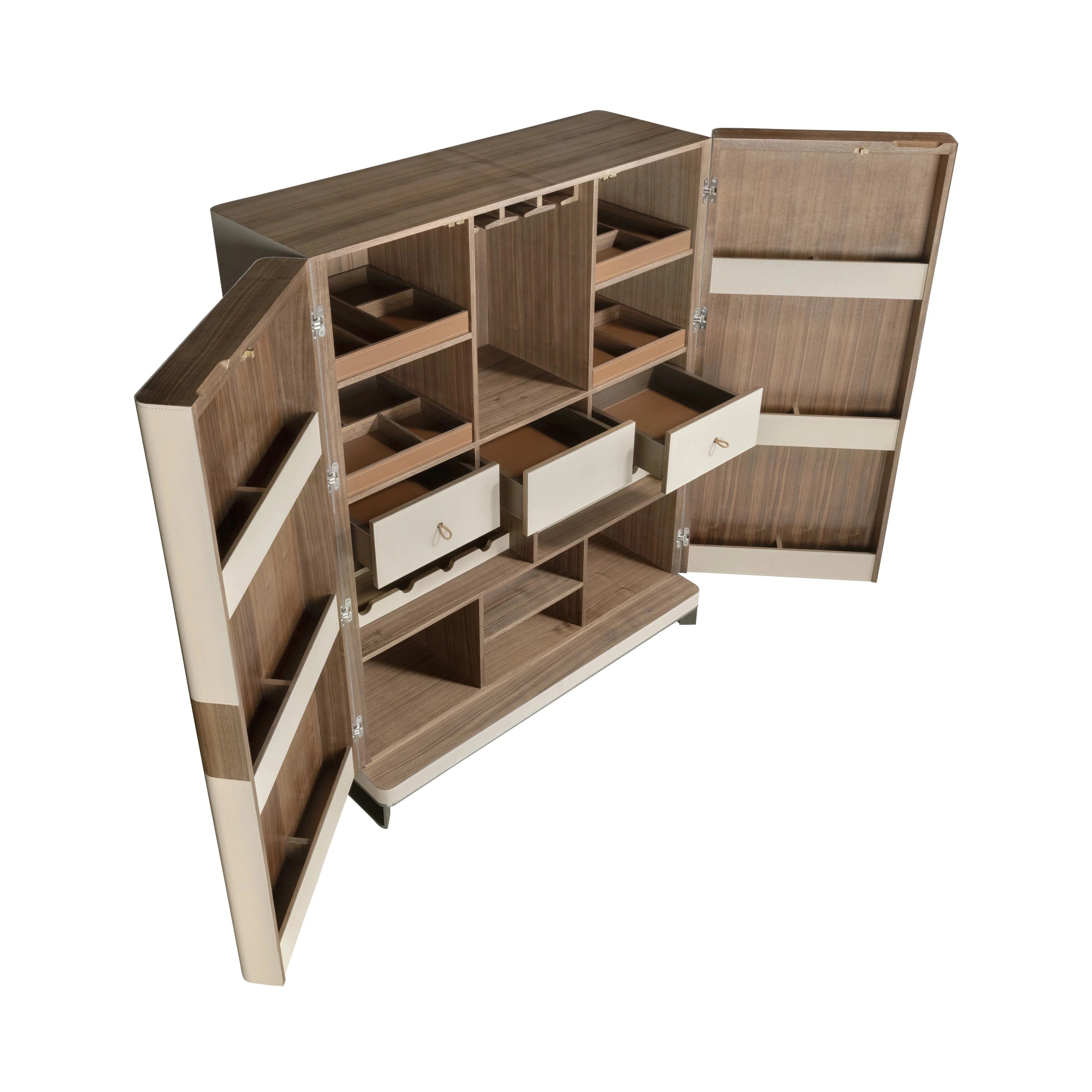 Buffet haut en similicuir, noyer et acier poli