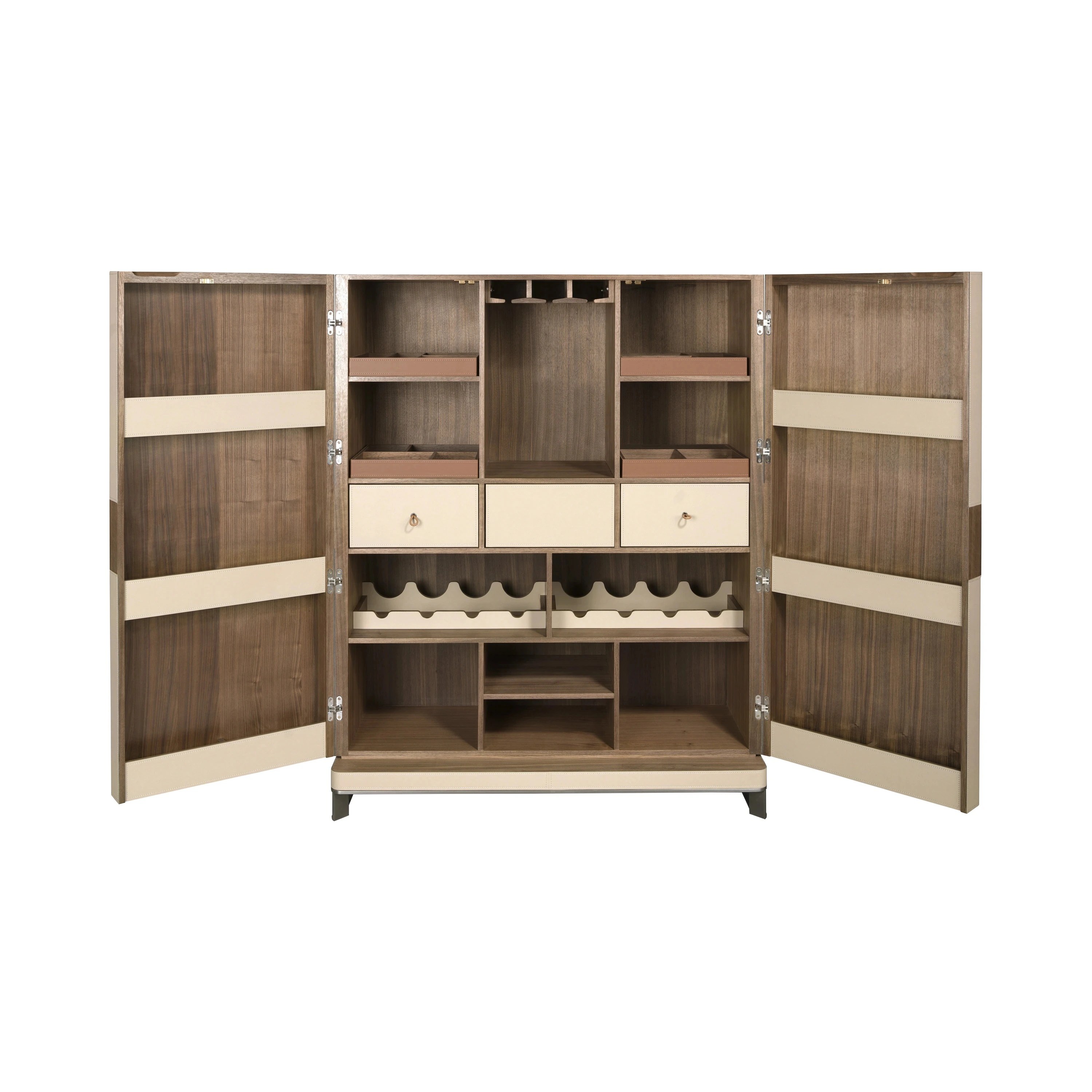 Buffet haut en similicuir, noyer et acier poli