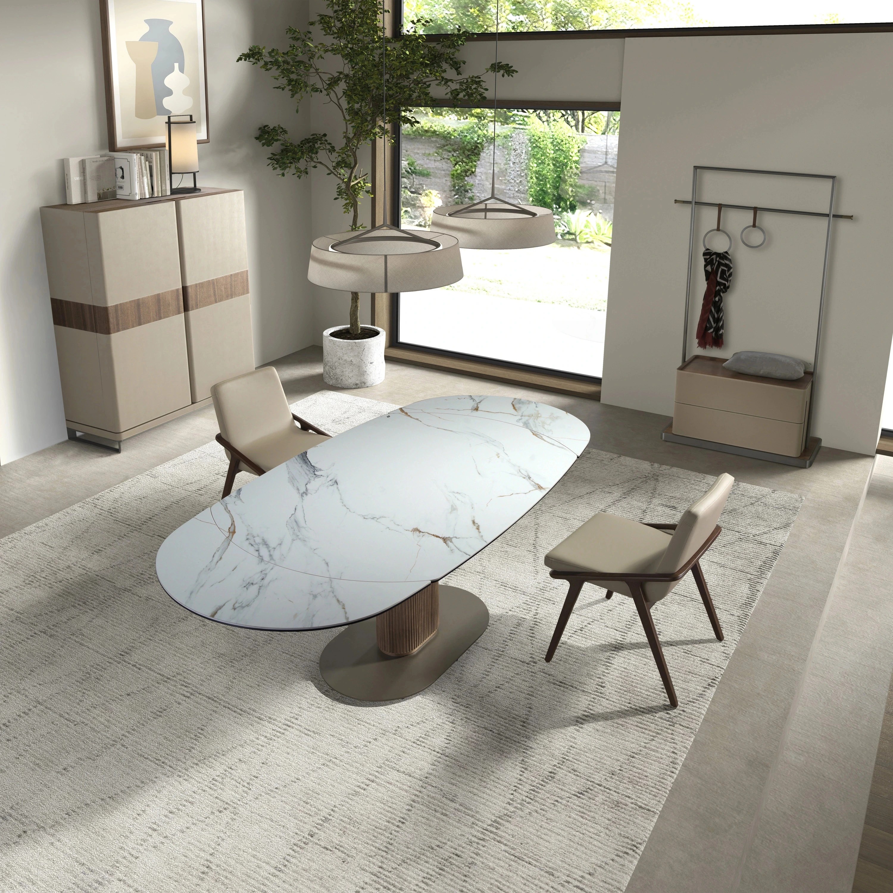 Buffet haut en similicuir, noyer et acier poli