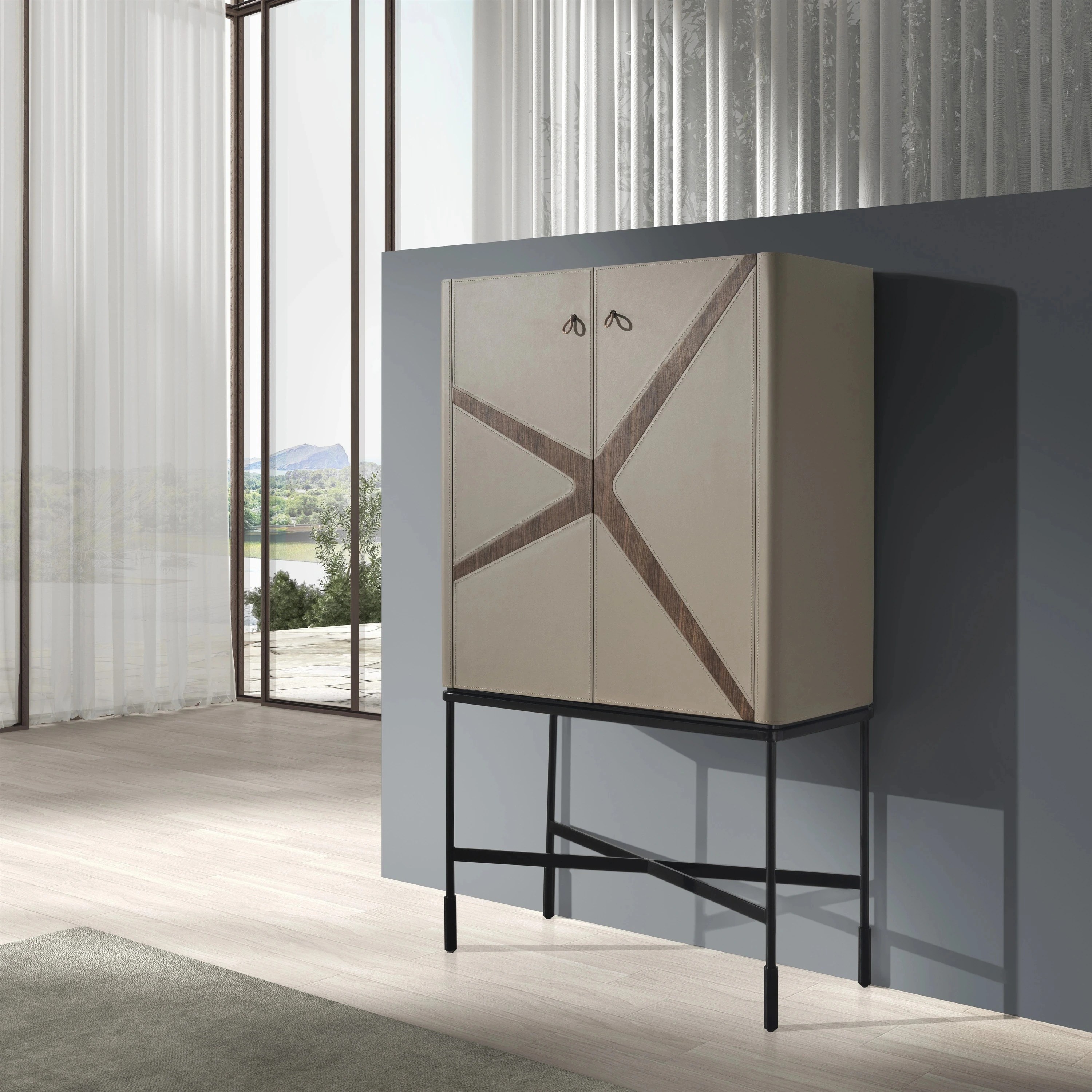 Buffet haut en similicuir, noyer et acier noir