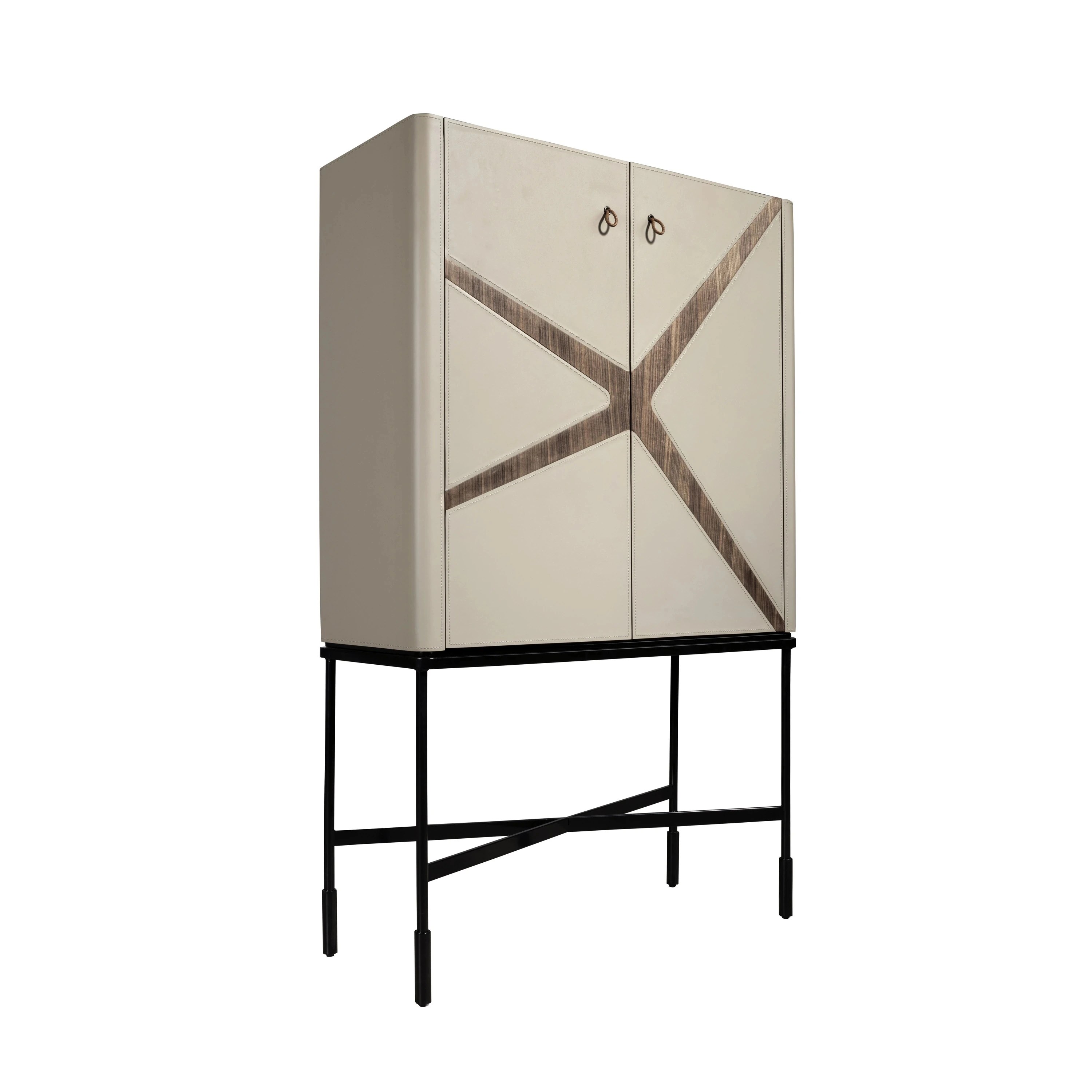 Buffet haut en similicuir, noyer et acier noir