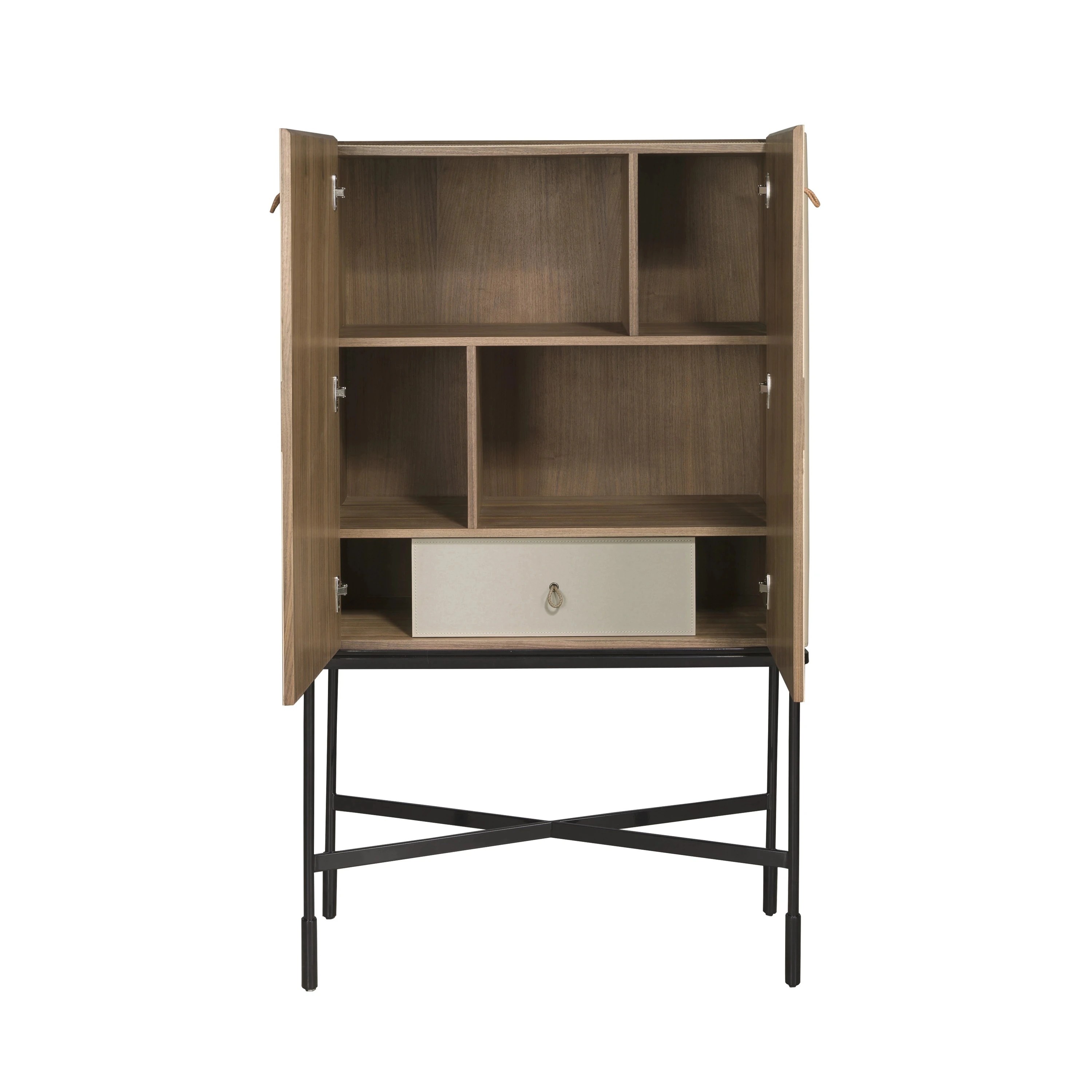 Buffet haut en similicuir, noyer et acier noir