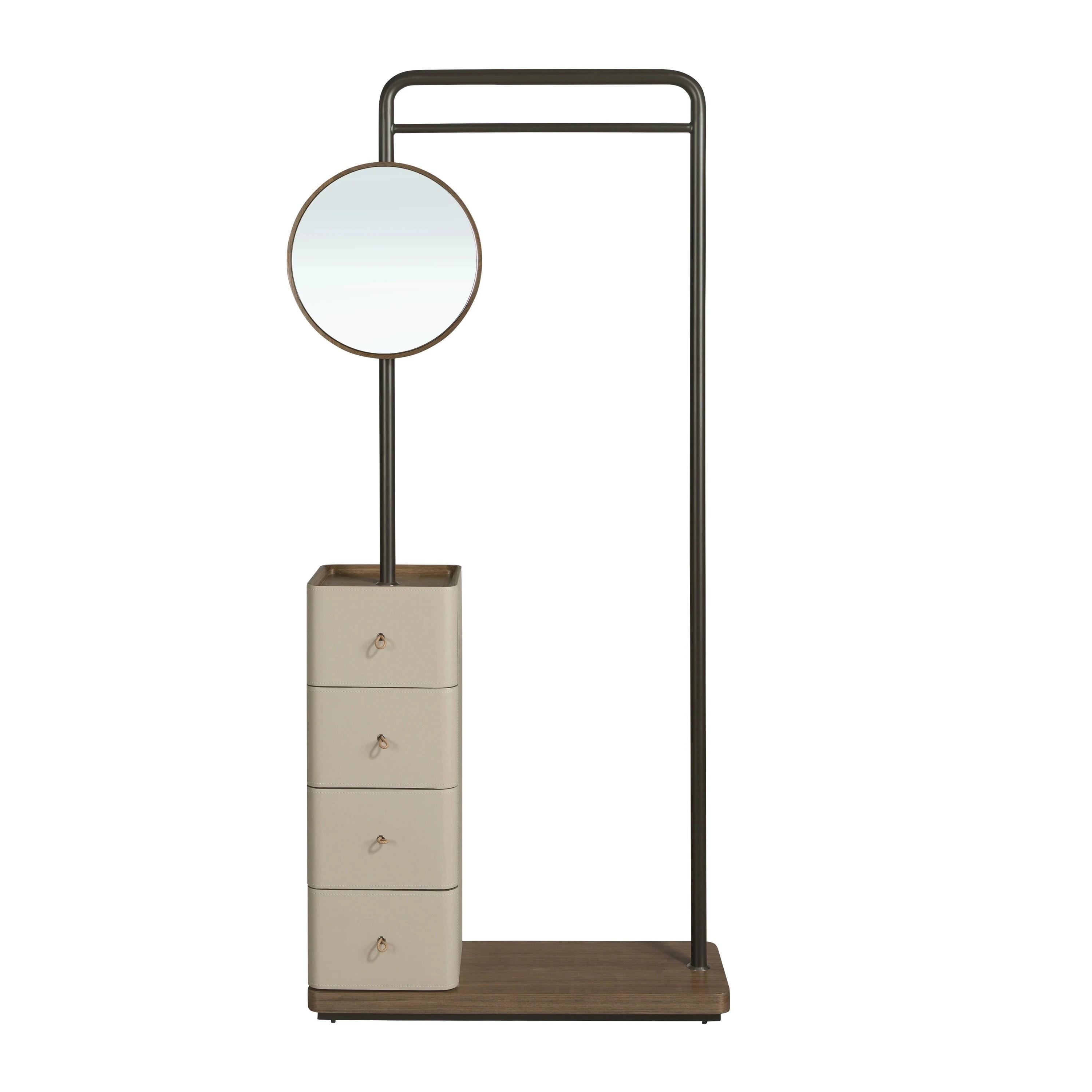 Porte-manteau en similicuir vison, noyer et acier noir avec miroir
