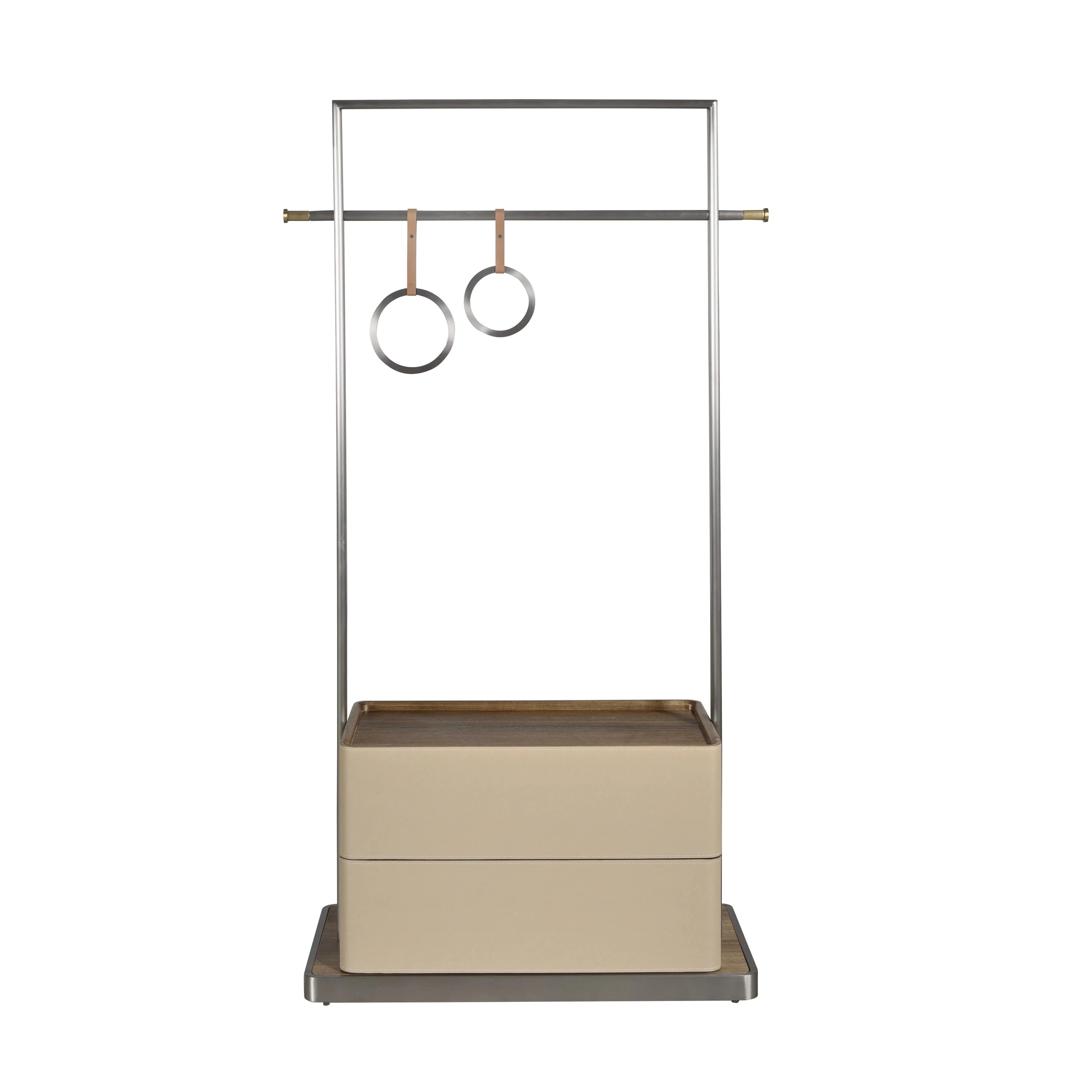 Porte-manteau en similicuir vison, noyer et acier inoxydable