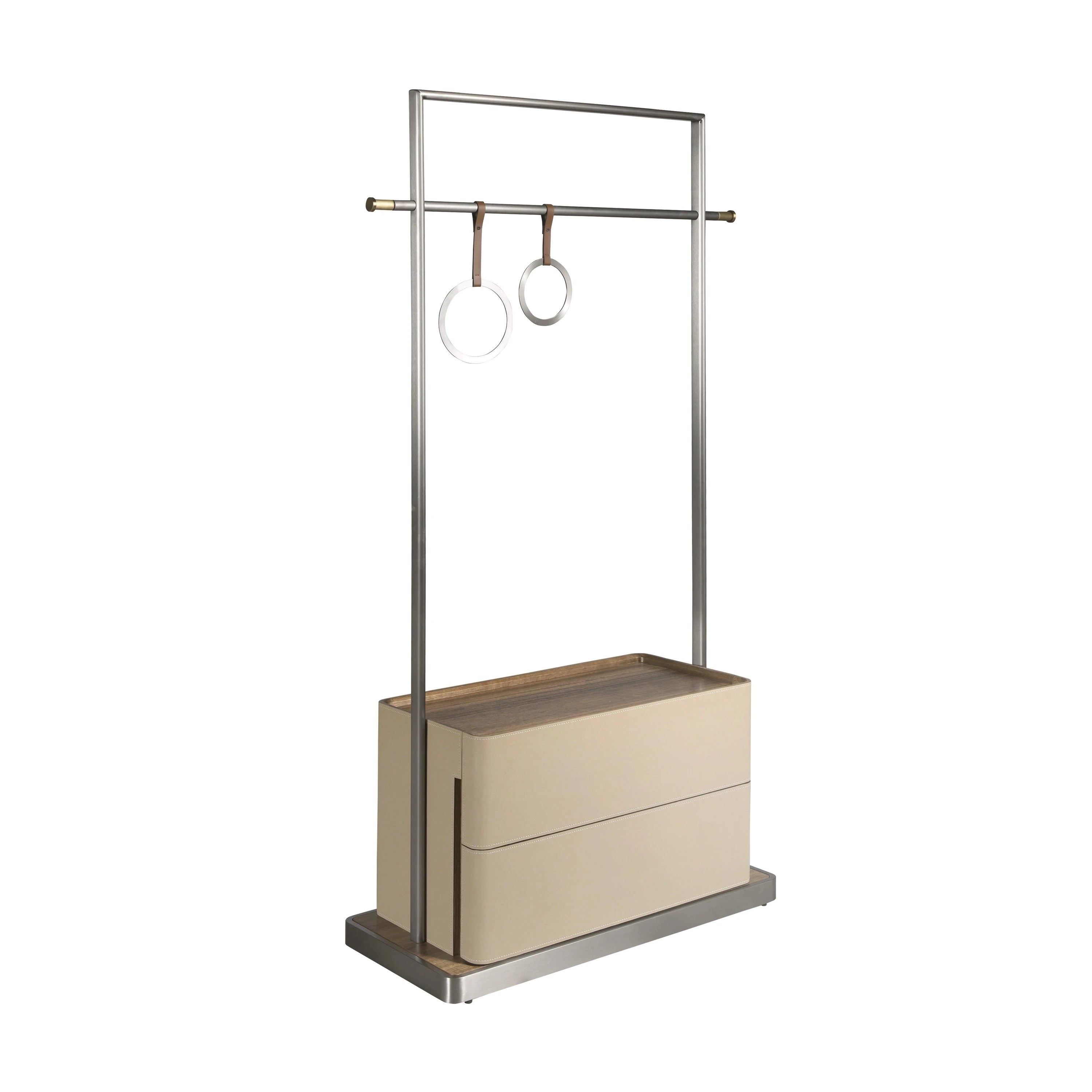 Porte-manteau en similicuir vison, noyer et acier inoxydable